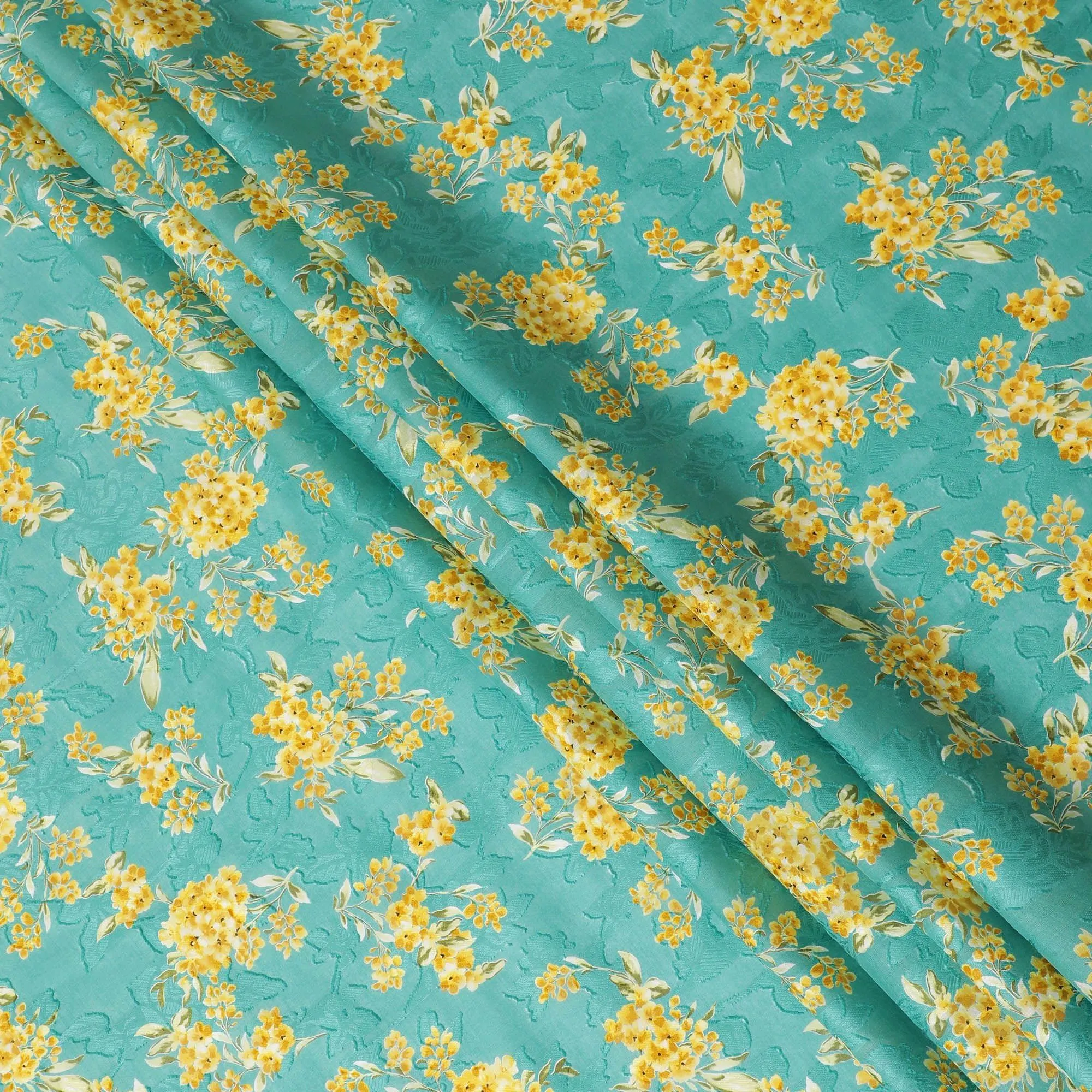 Jade green uragiri cotton voile fabric with same tone jacquard having mustard, olive green and black print in floral design-D14322