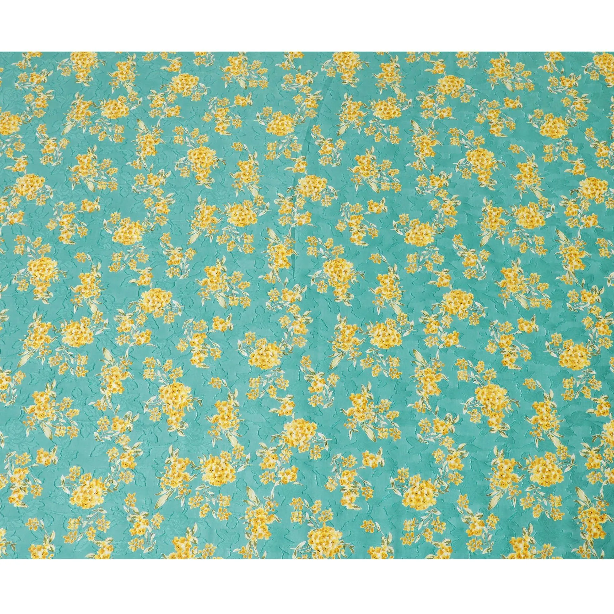 Jade green uragiri cotton voile fabric with same tone jacquard having mustard, olive green and black print in floral design-D14322