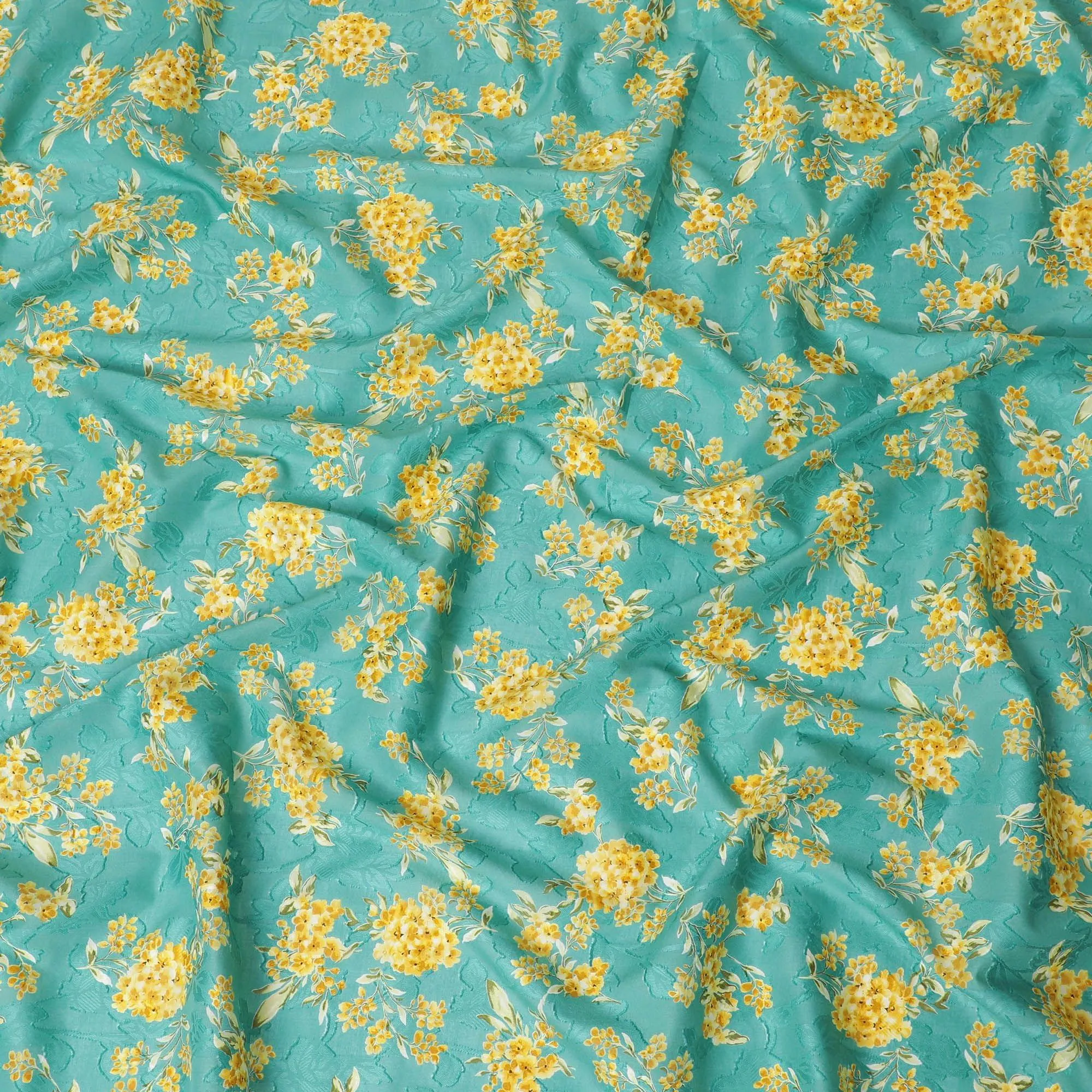 Jade green uragiri cotton voile fabric with same tone jacquard having mustard, olive green and black print in floral design-D14322