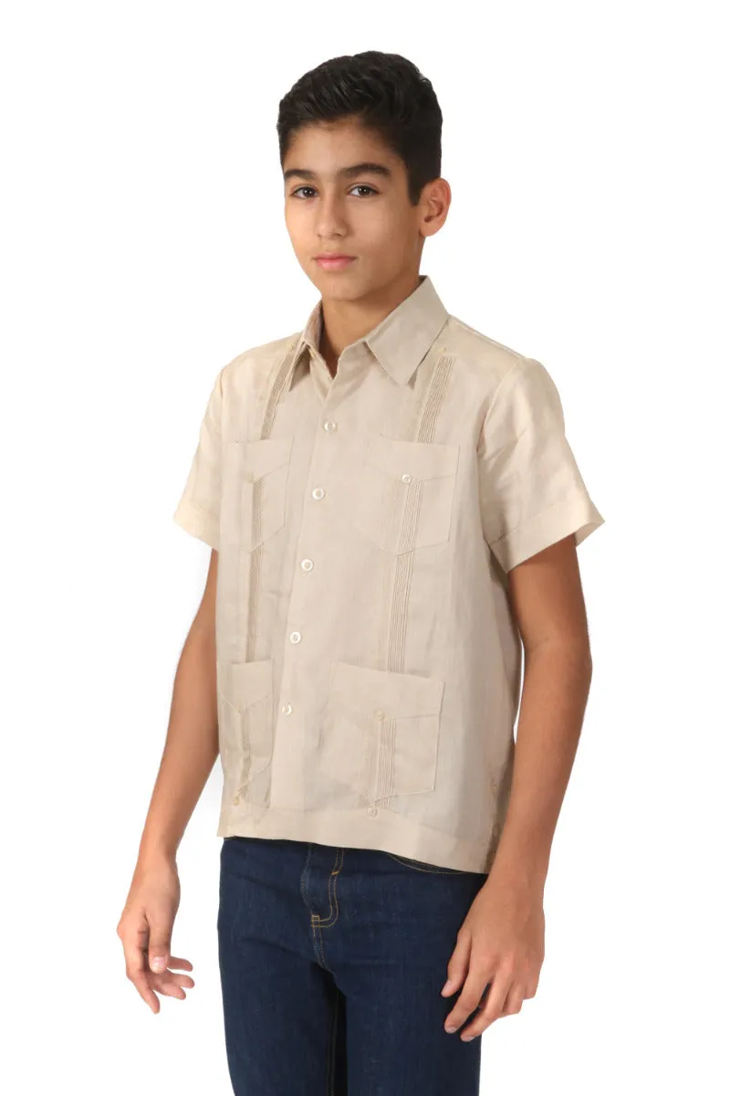 Junior Boys Linen Guayabera Shirt Short Sleeve 4 Pocked Design 14Y-20Y