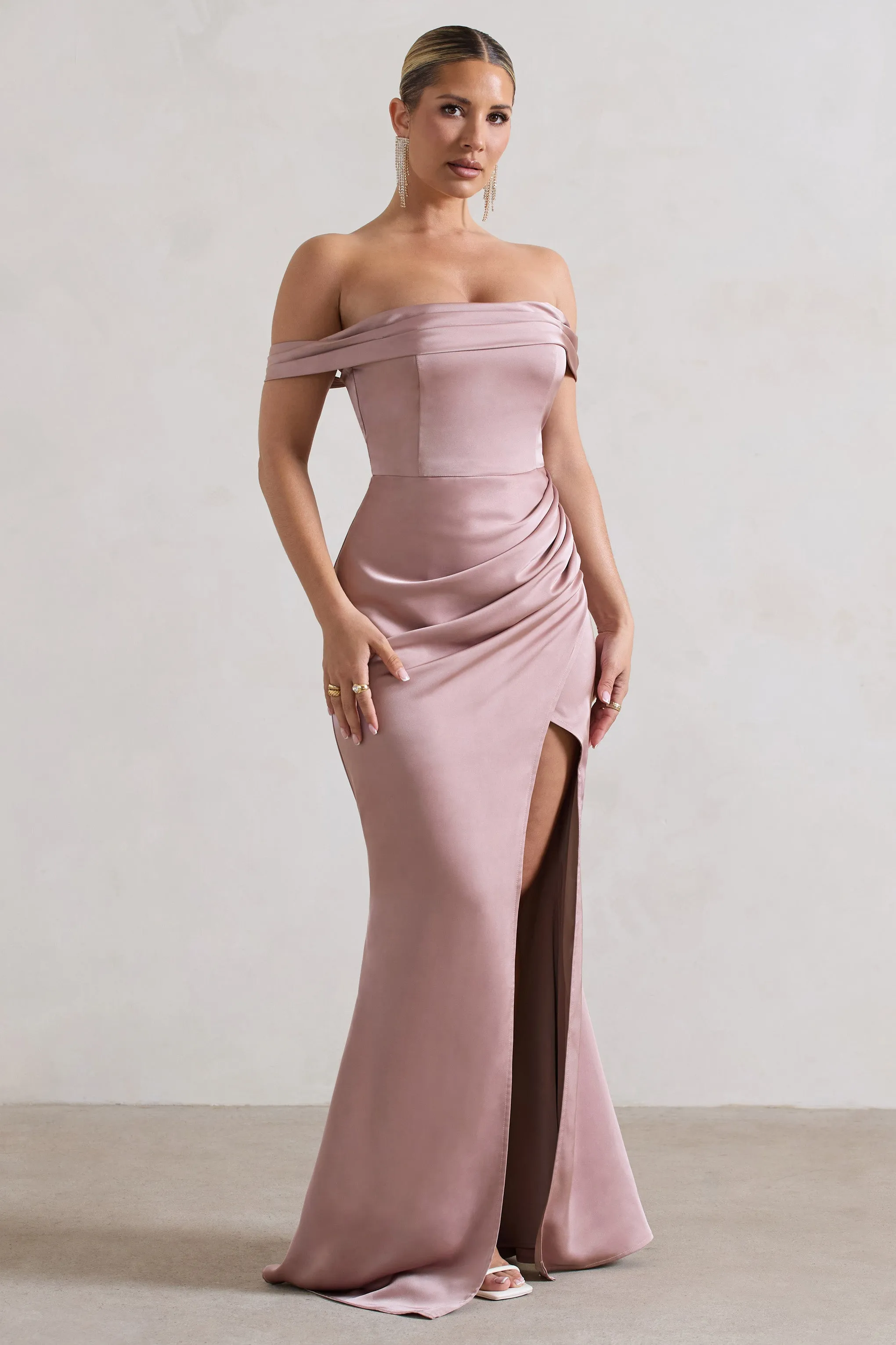 Katia | Blush Pink Satin Bardot Fishtail Maxi Dress