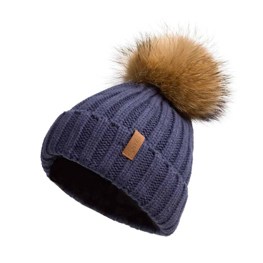 Knitted Beanie Hat with Fur Pom