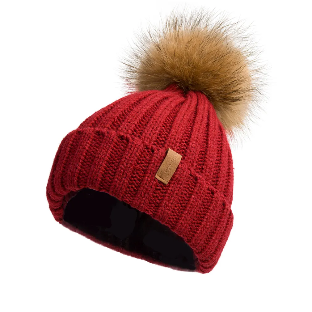 Knitted Beanie Hat with Fur Pom