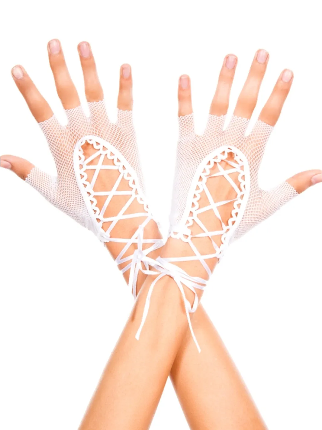 LACE UP BLACK MESH FINGERLESS GLOVES - WHITE