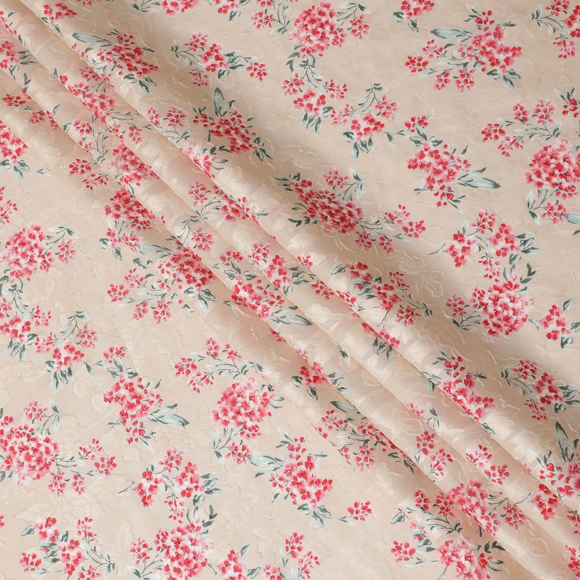 Latte Beige uragiri cotton voile fabric with same tone jacquard having scarlet red, olive green and off white print in floral design-D14316