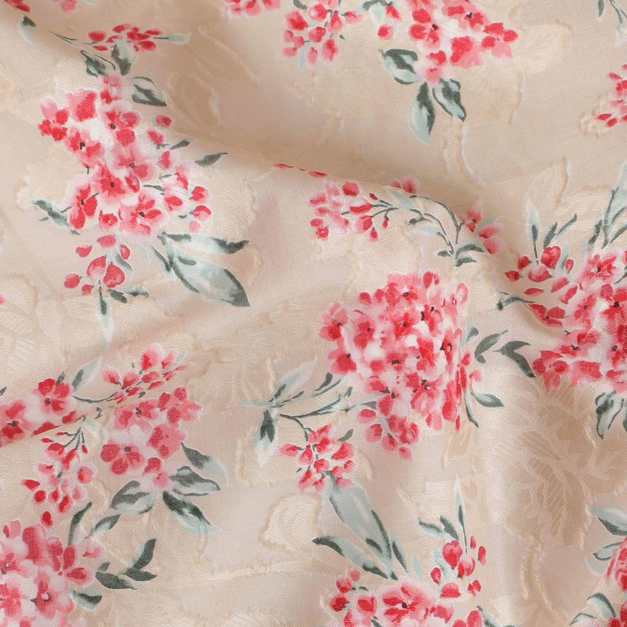 Latte Beige uragiri cotton voile fabric with same tone jacquard having scarlet red, olive green and off white print in floral design-D14316