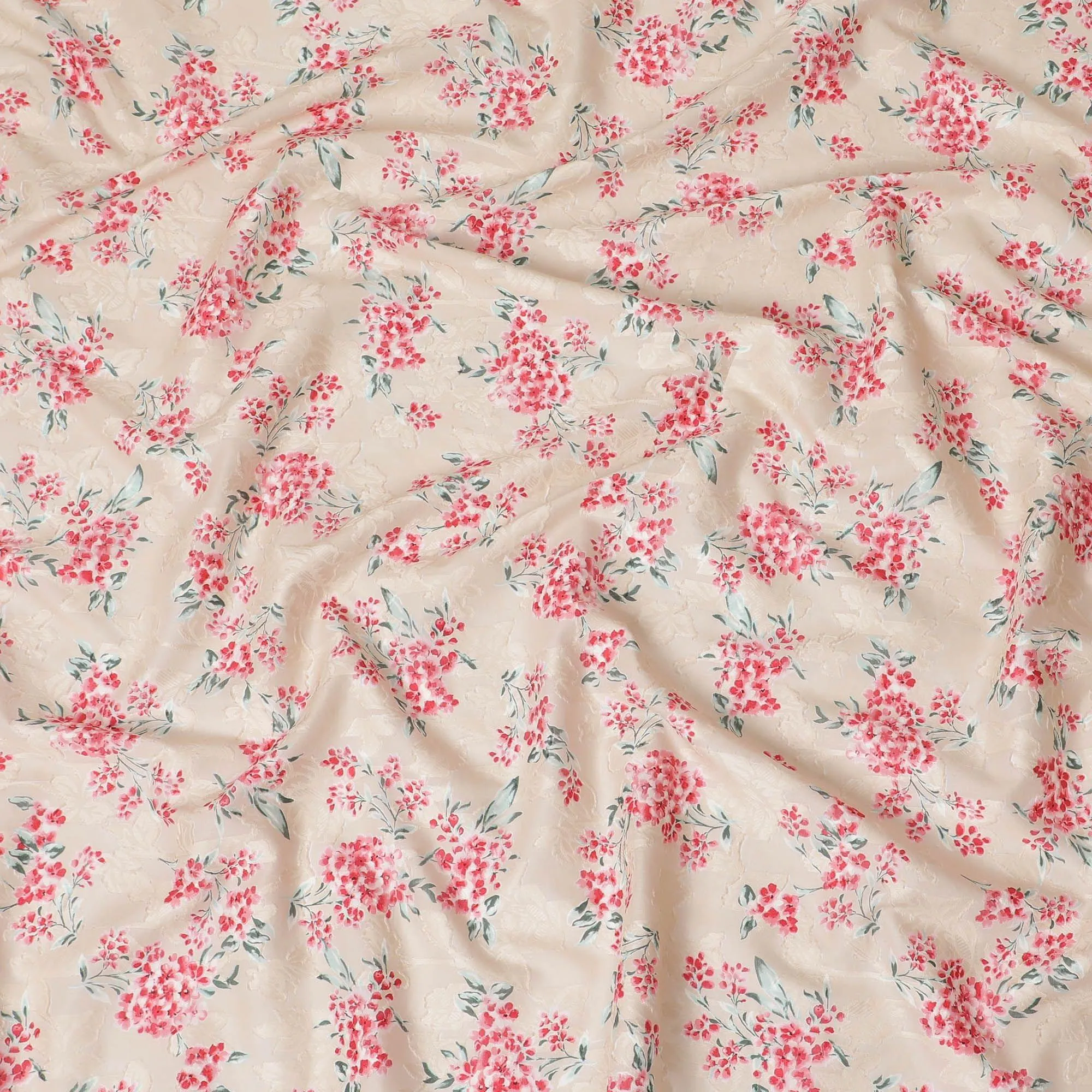 Latte Beige uragiri cotton voile fabric with same tone jacquard having scarlet red, olive green and off white print in floral design-D14316