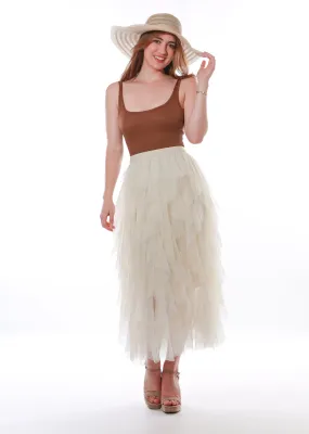 Layered Tulle Ruffle mesh Midi Skirt-Beige