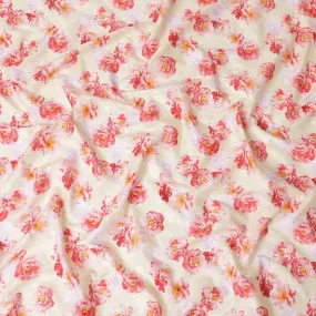 Light beige uragiri cotton voile fabric with same tone jacquard having scarlet red, light pink and mustard yellow print in floral design-D10576