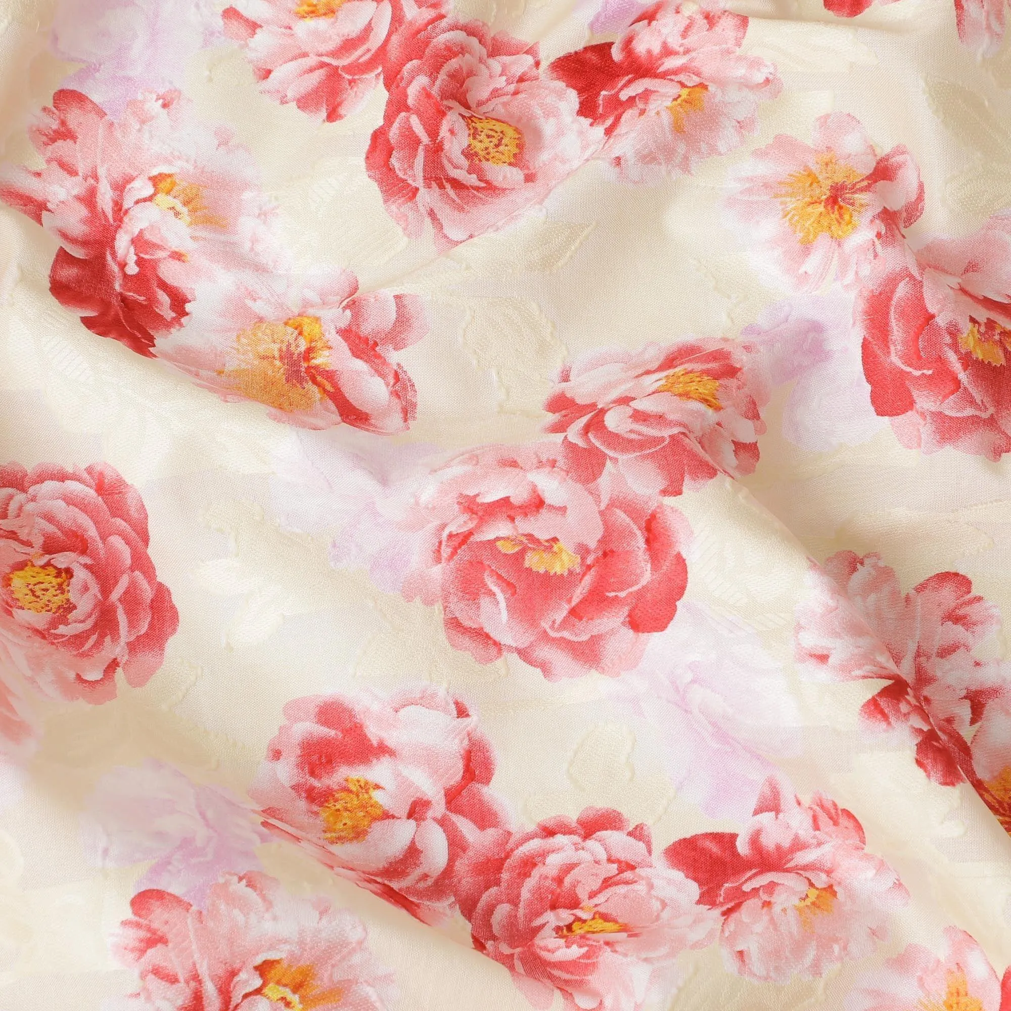 Light beige uragiri cotton voile fabric with same tone jacquard having scarlet red, light pink and mustard yellow print in floral design-D10576