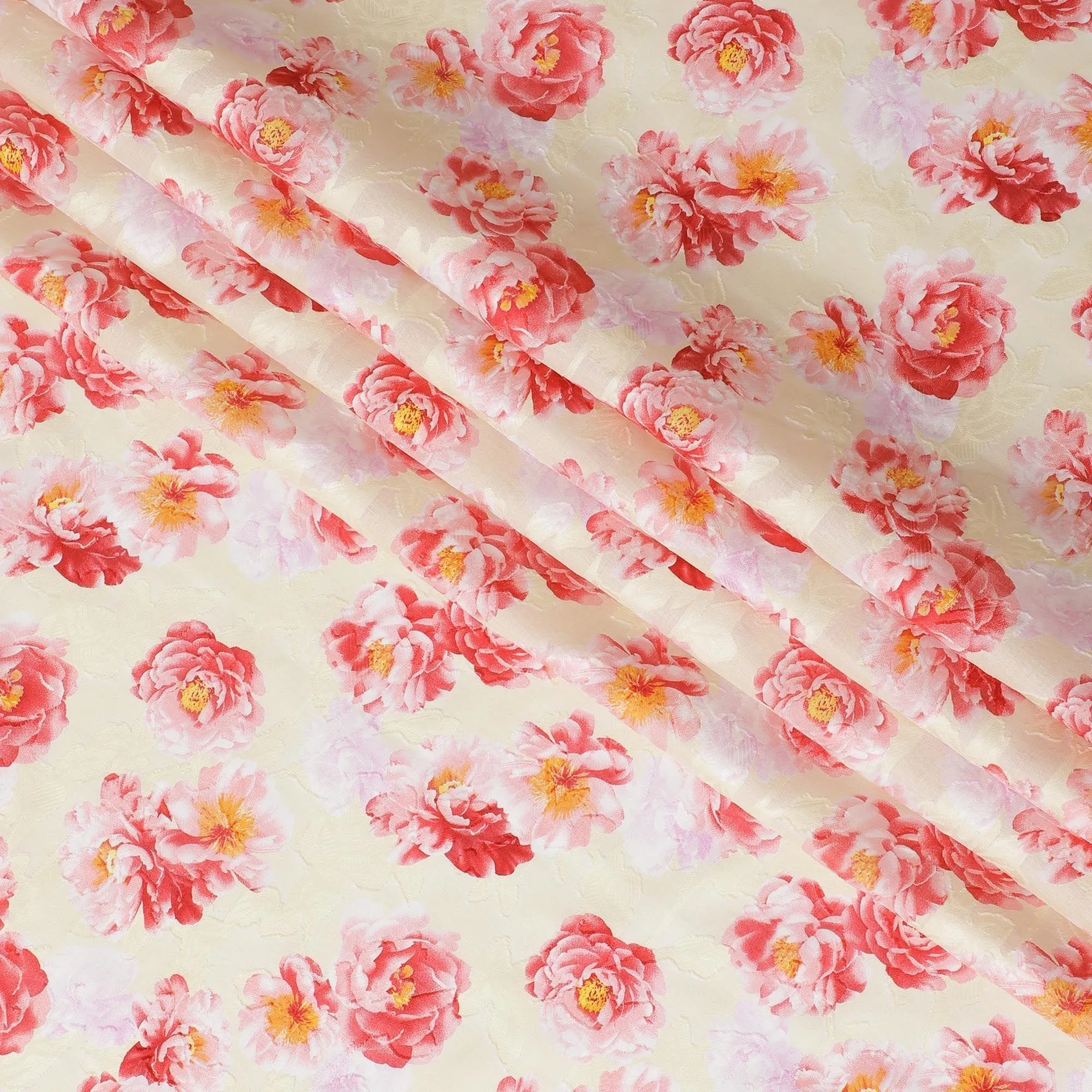 Light beige uragiri cotton voile fabric with same tone jacquard having scarlet red, light pink and mustard yellow print in floral design-D10576