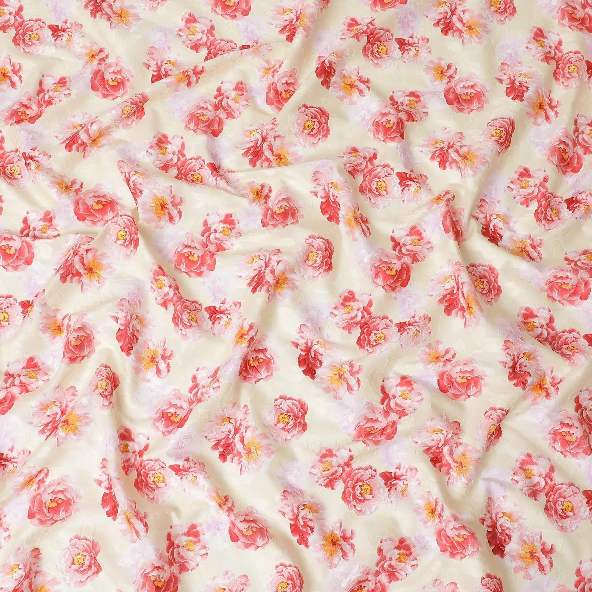 Light beige uragiri cotton voile fabric with same tone jacquard having scarlet red, light pink and mustard yellow print in floral design-D10576