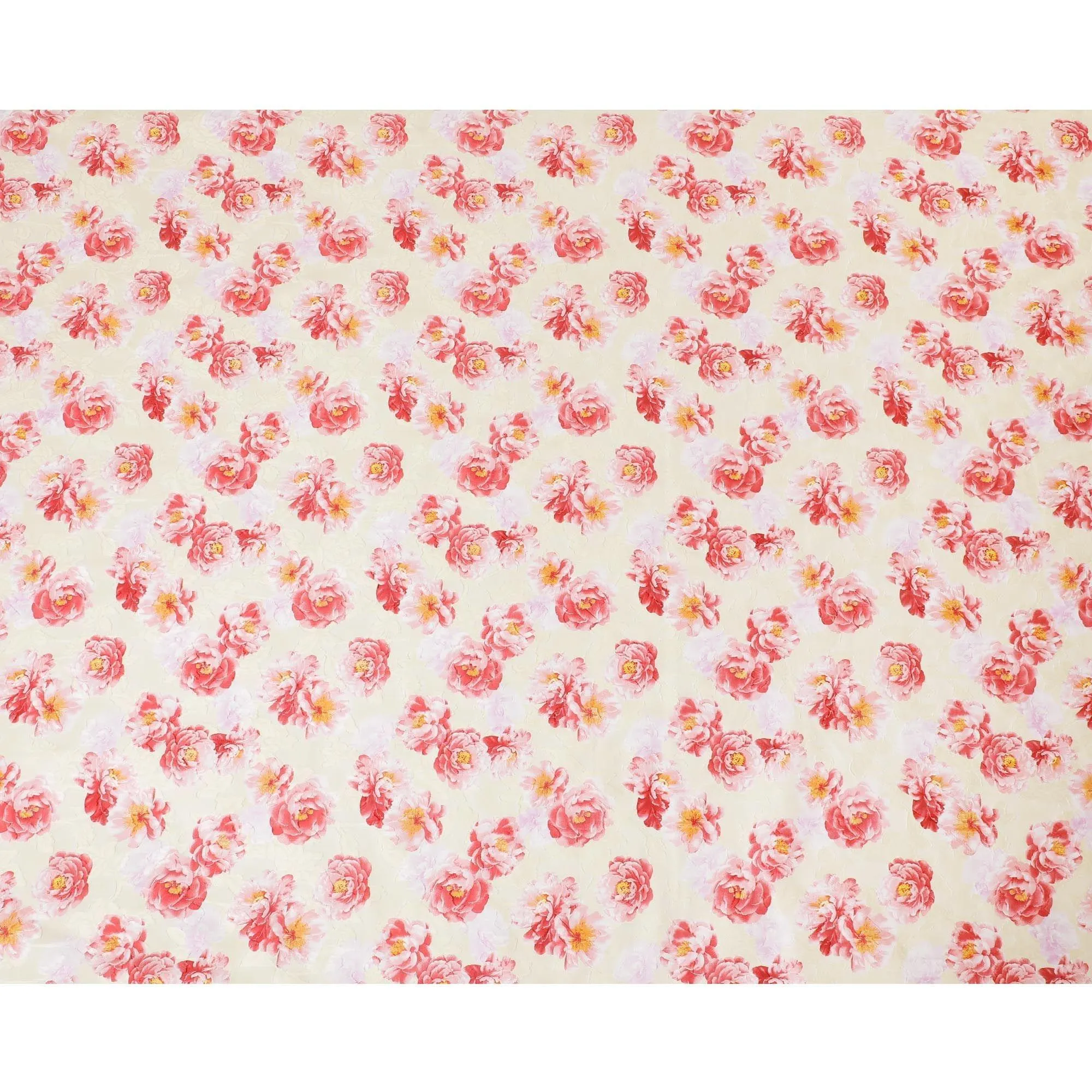 Light beige uragiri cotton voile fabric with same tone jacquard having scarlet red, light pink and mustard yellow print in floral design-D10576