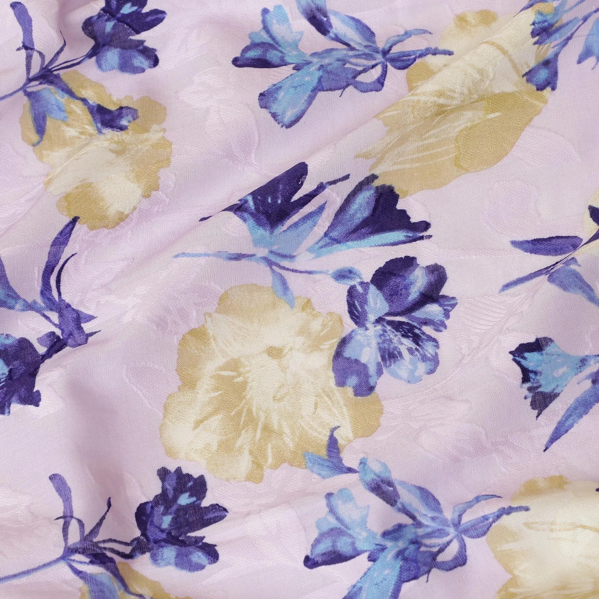 Light lilac uragiri cotton voile fabric with purple, baby blue and  sand beige print in floral design-D7334