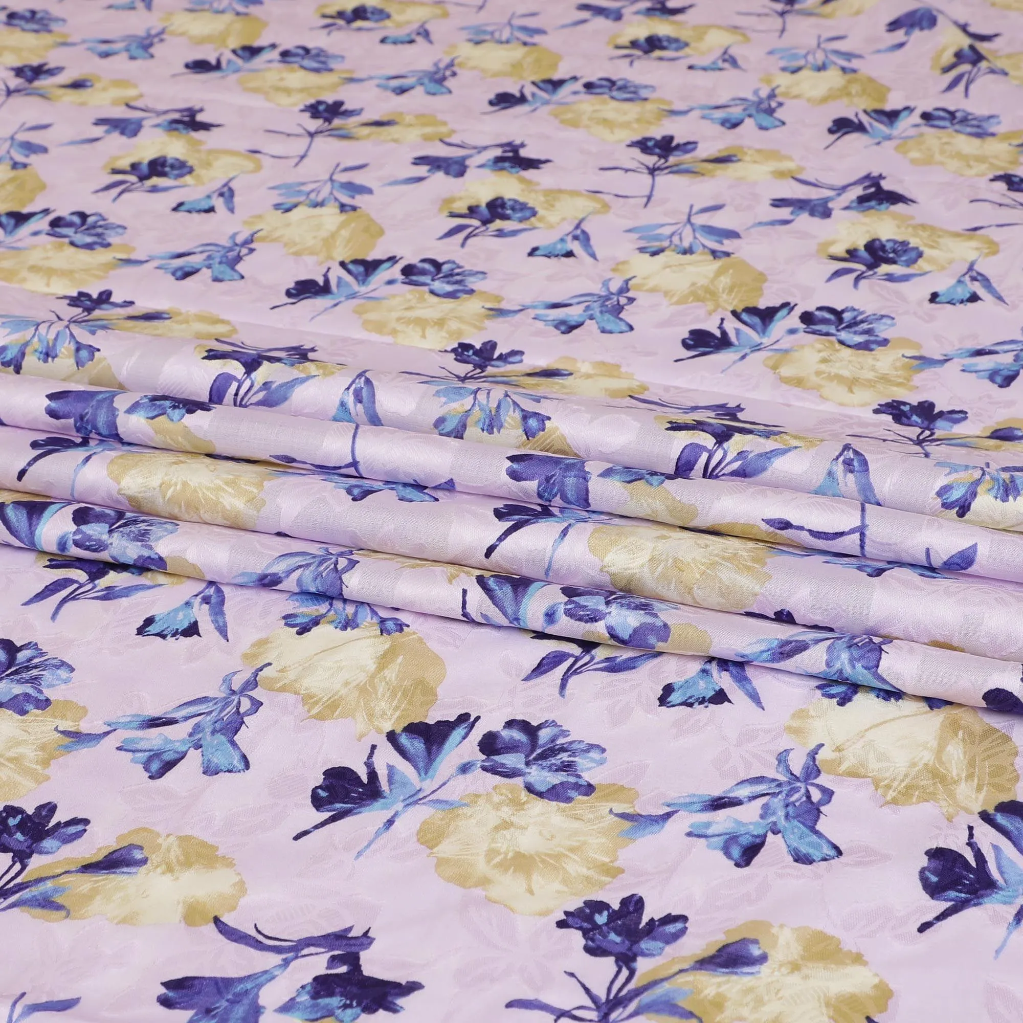 Light lilac uragiri cotton voile fabric with purple, baby blue and  sand beige print in floral design-D7334