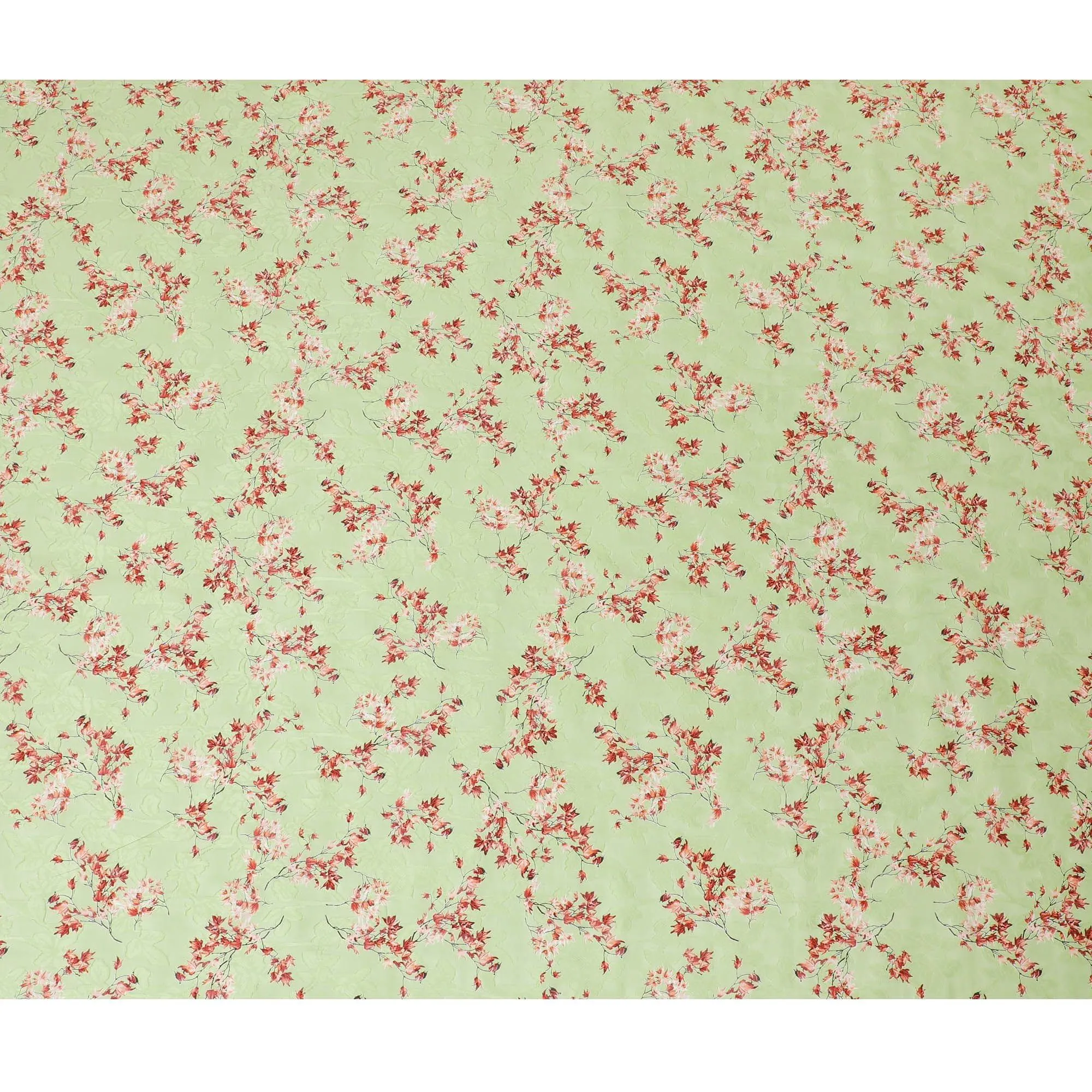 Lime green uragiri cotton voile fabric with same tone jacquard having barn red and black print in floral design-D14325