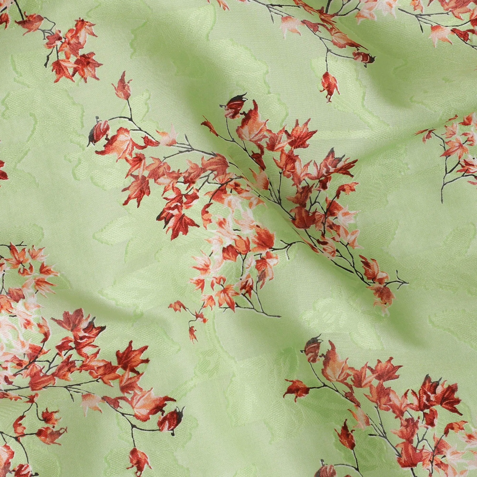 Lime green uragiri cotton voile fabric with same tone jacquard having barn red and black print in floral design-D14325