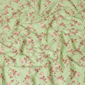 Lime green uragiri cotton voile fabric with same tone jacquard having barn red and black print in floral design-D14325