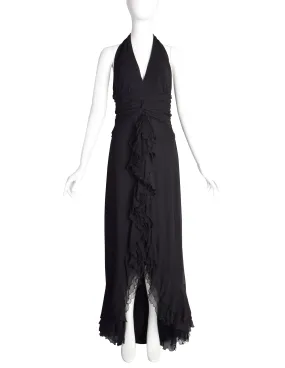 Luisa Spagnoli Vintage Black Silk Georgette Layered Train Halter Dress