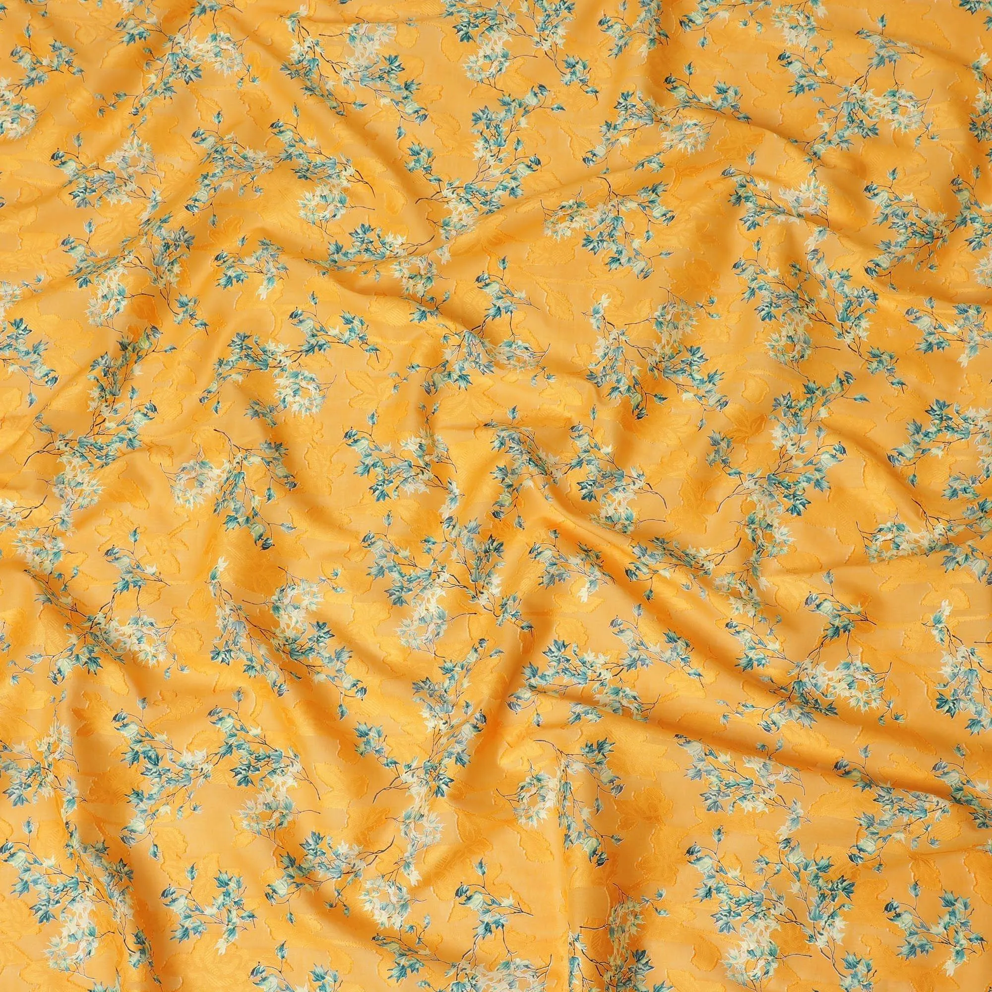 Malta orange uragiri cotton voile fabric with same tone jacquard having forest green and black print in floral design-D14331