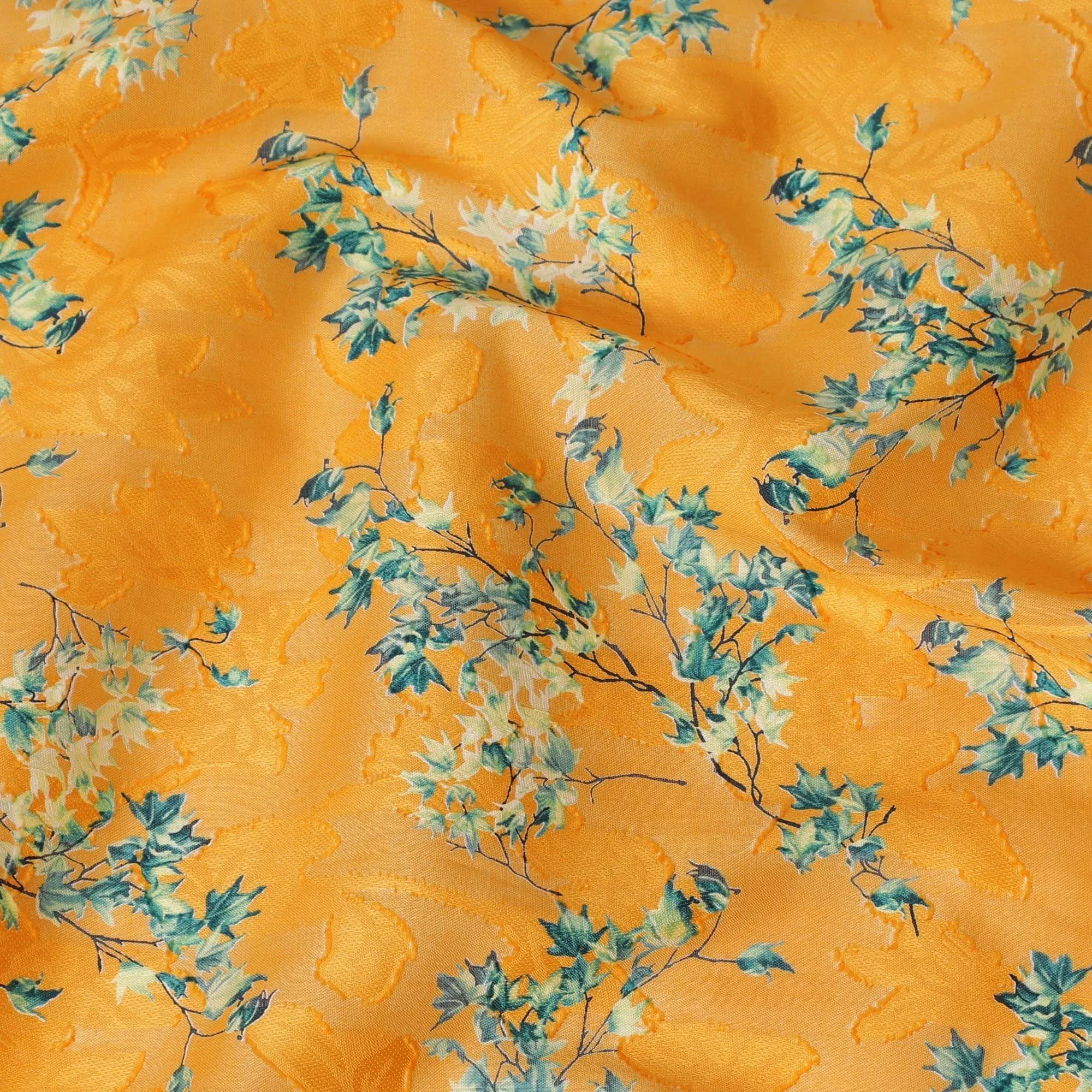 Malta orange uragiri cotton voile fabric with same tone jacquard having forest green and black print in floral design-D14331