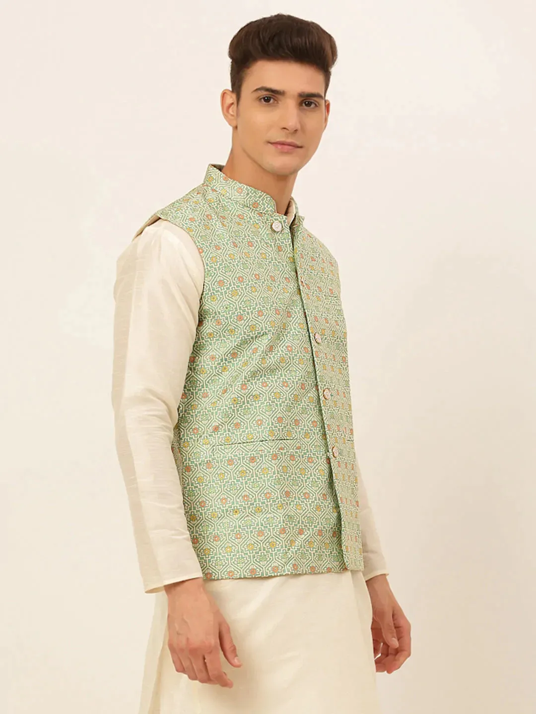 Men Green Embroidered Nehru Jacket