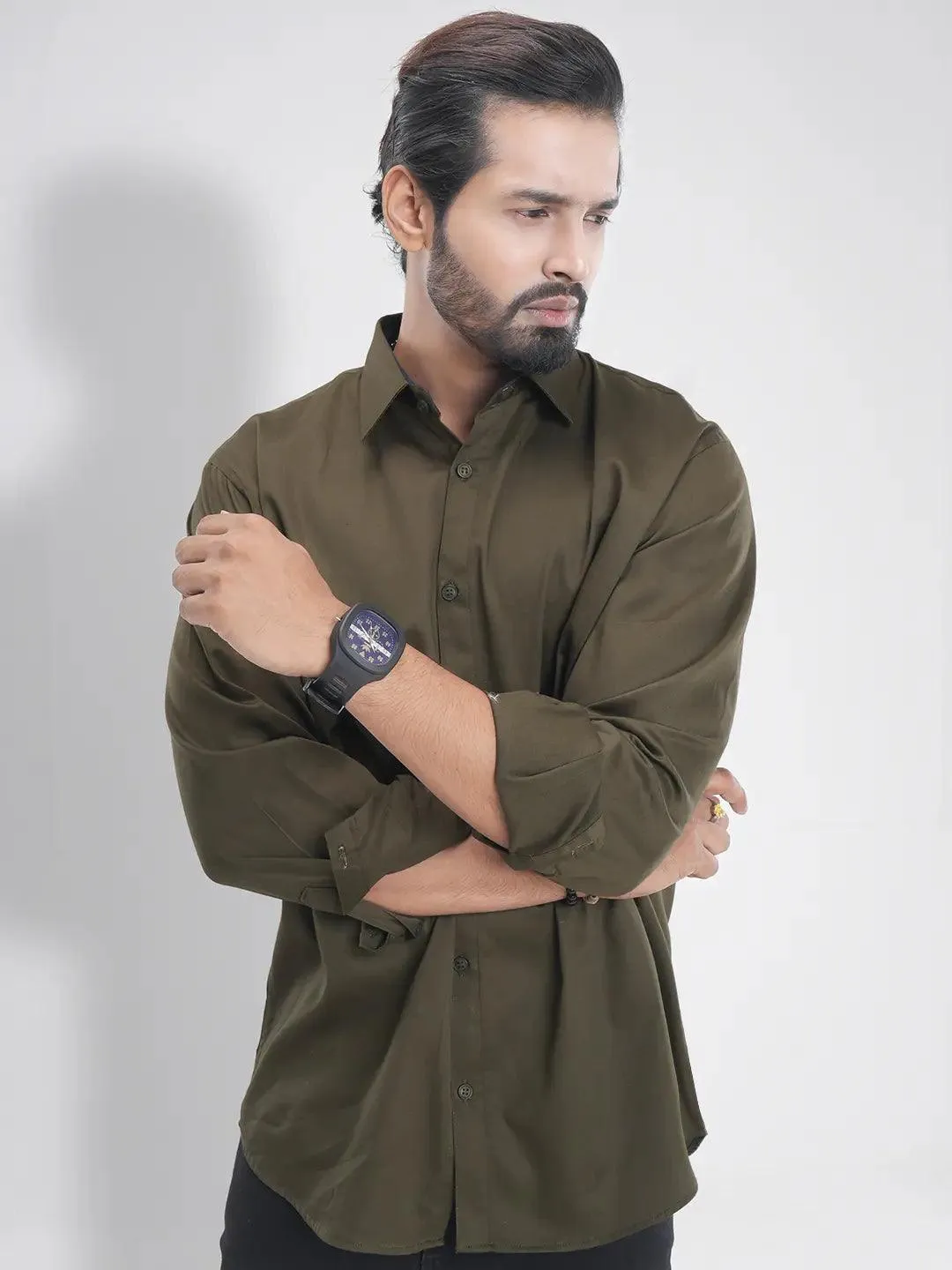 Men's Full Sleeve Casual Shirt in Solid Olive