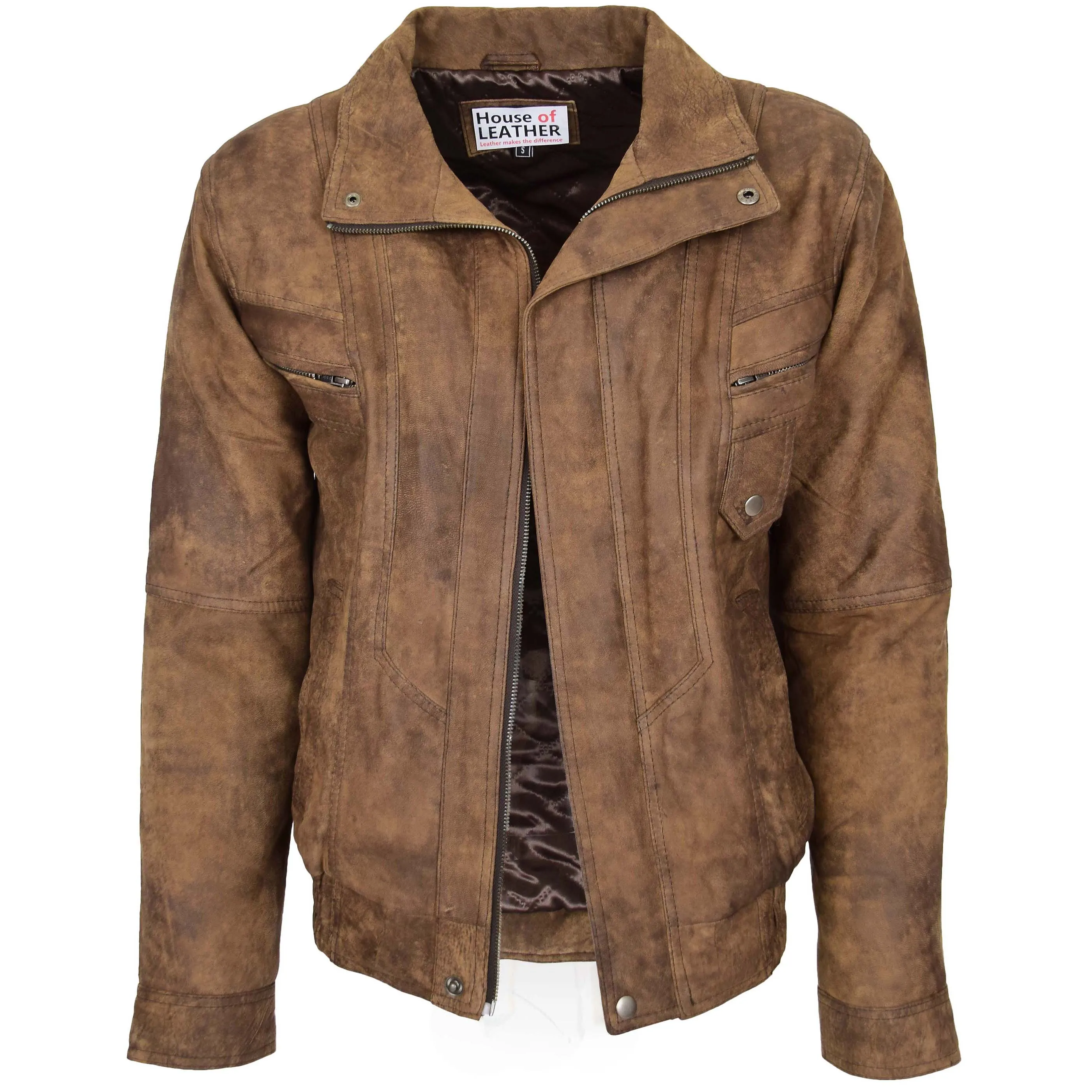 Mens Leather Bomber Blouson Jacket Robert Brown