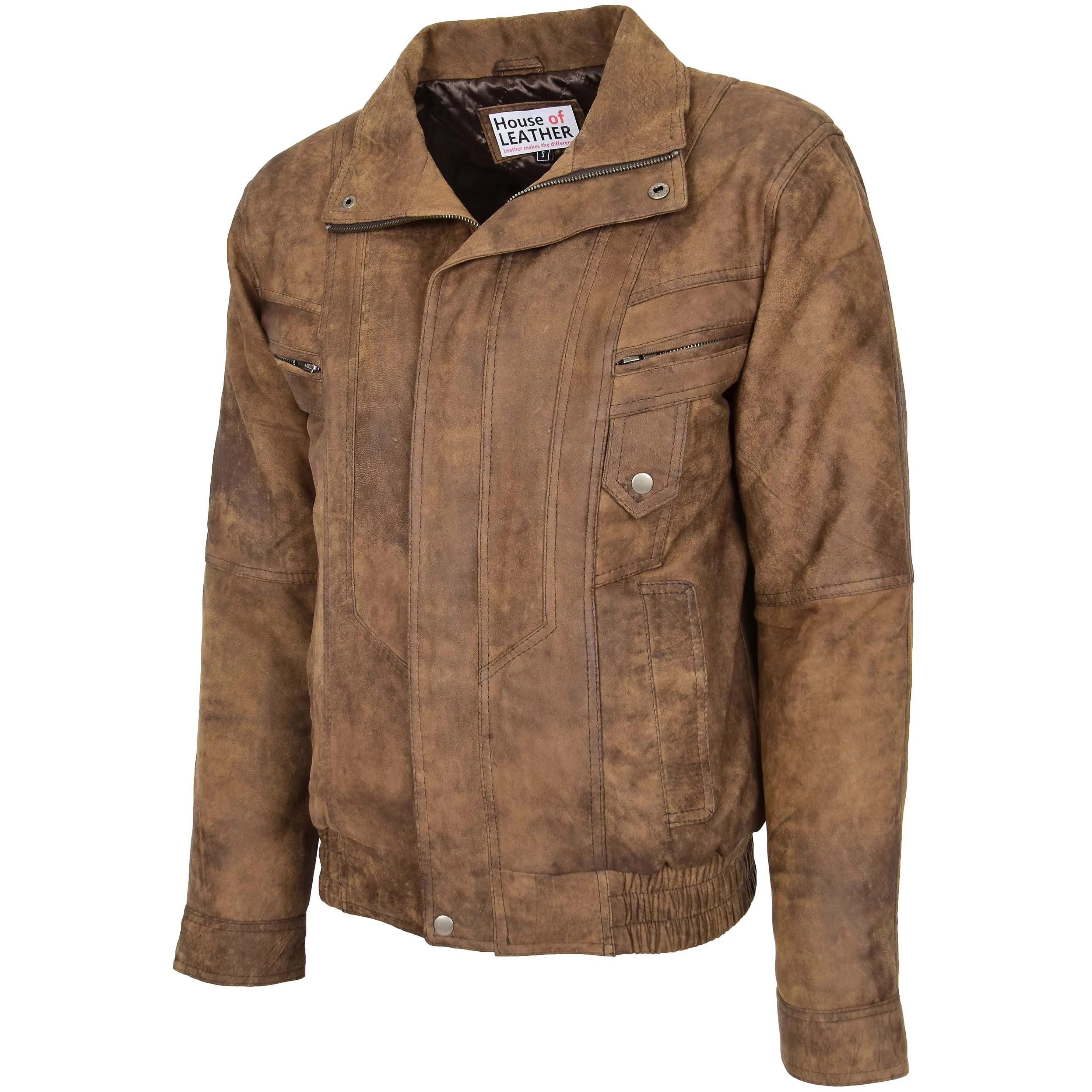 Mens Leather Bomber Blouson Jacket Robert Brown