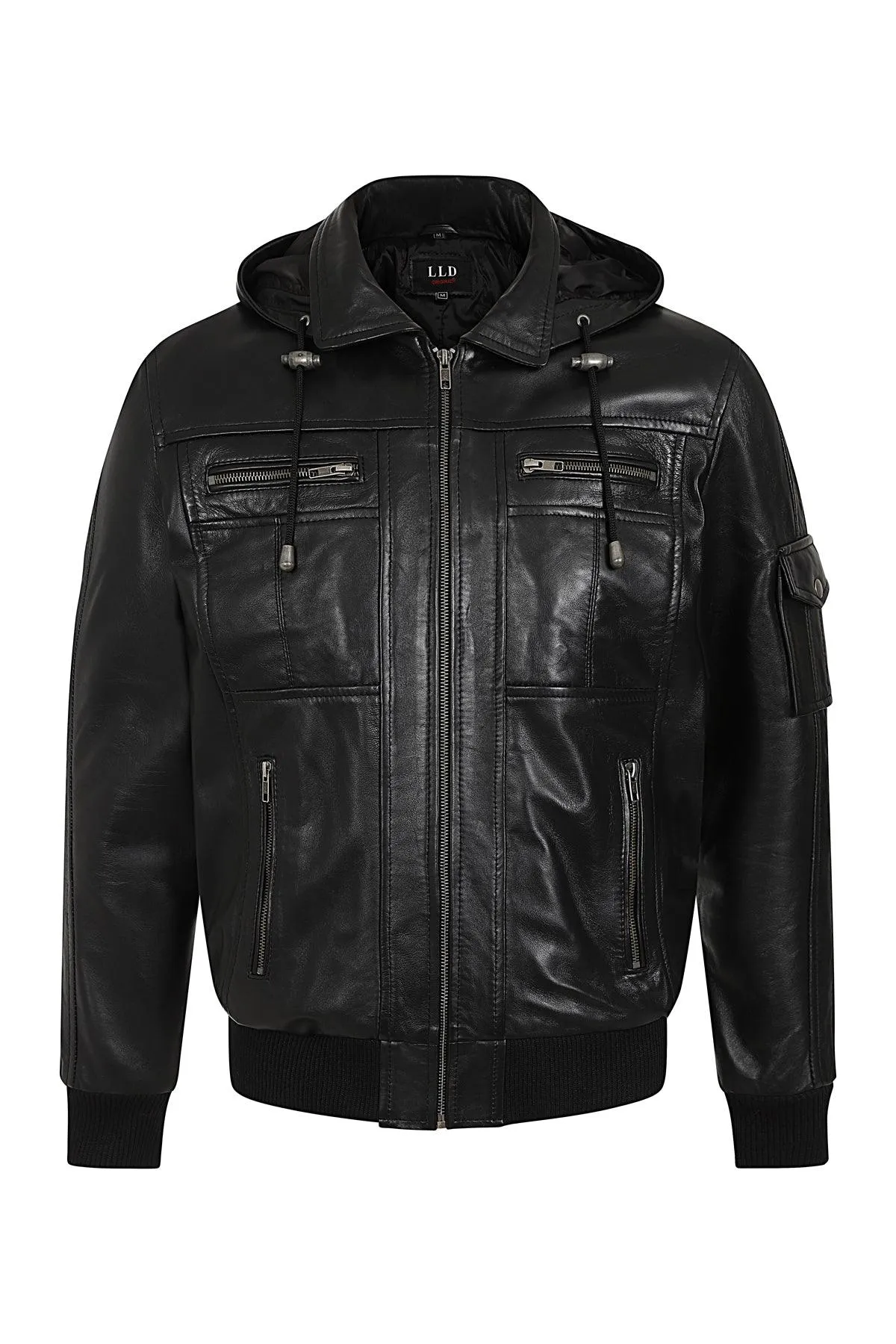 Men's Leather Bomber Style Jacket with a Detachable Hood - DANNY 638