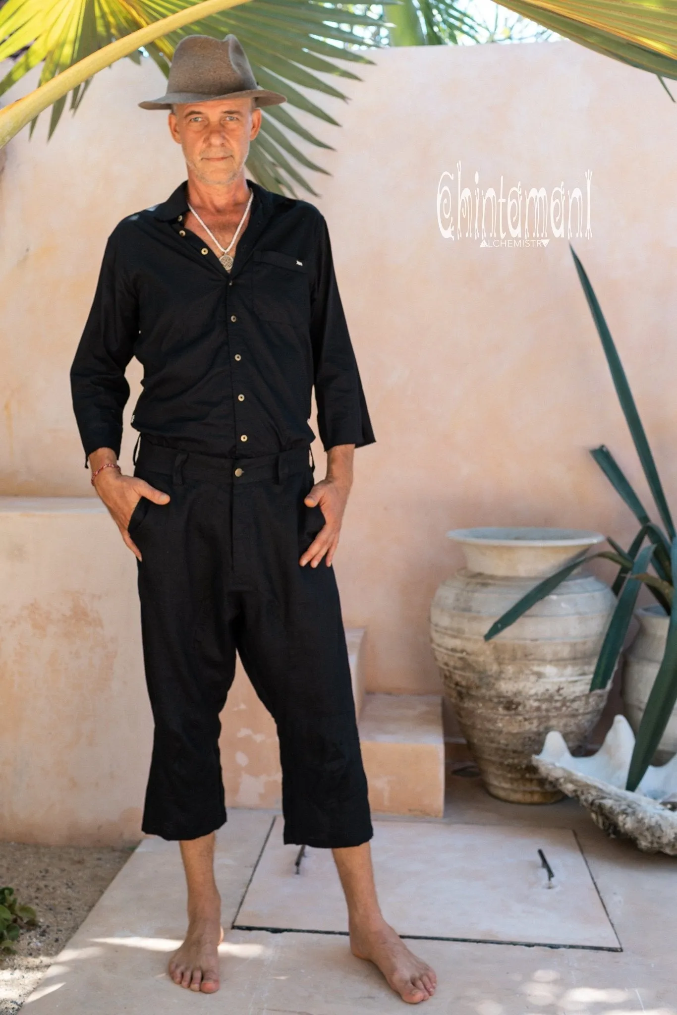 Mens Linen Short Pants 3/4 / Black