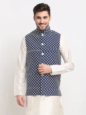 Men'S Navy Blue Navy Blue And White Embroidered Nehru Jacket