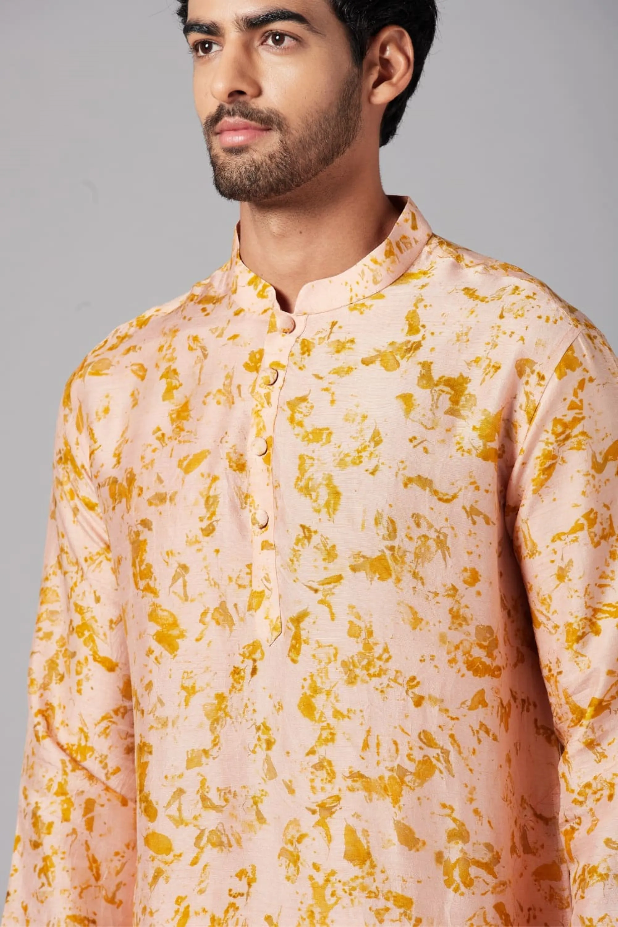 Men's Peachy Natural Dye Kurta With Crop Pants Coord Set Of Marigold Flowers - Hilo Design