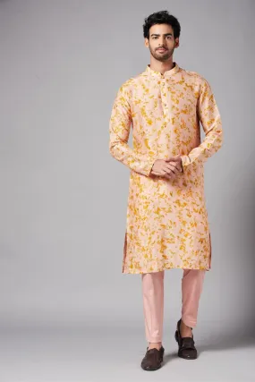 Men's Peachy Natural Dye Kurta With Crop Pants Coord Set Of Marigold Flowers - Hilo Design