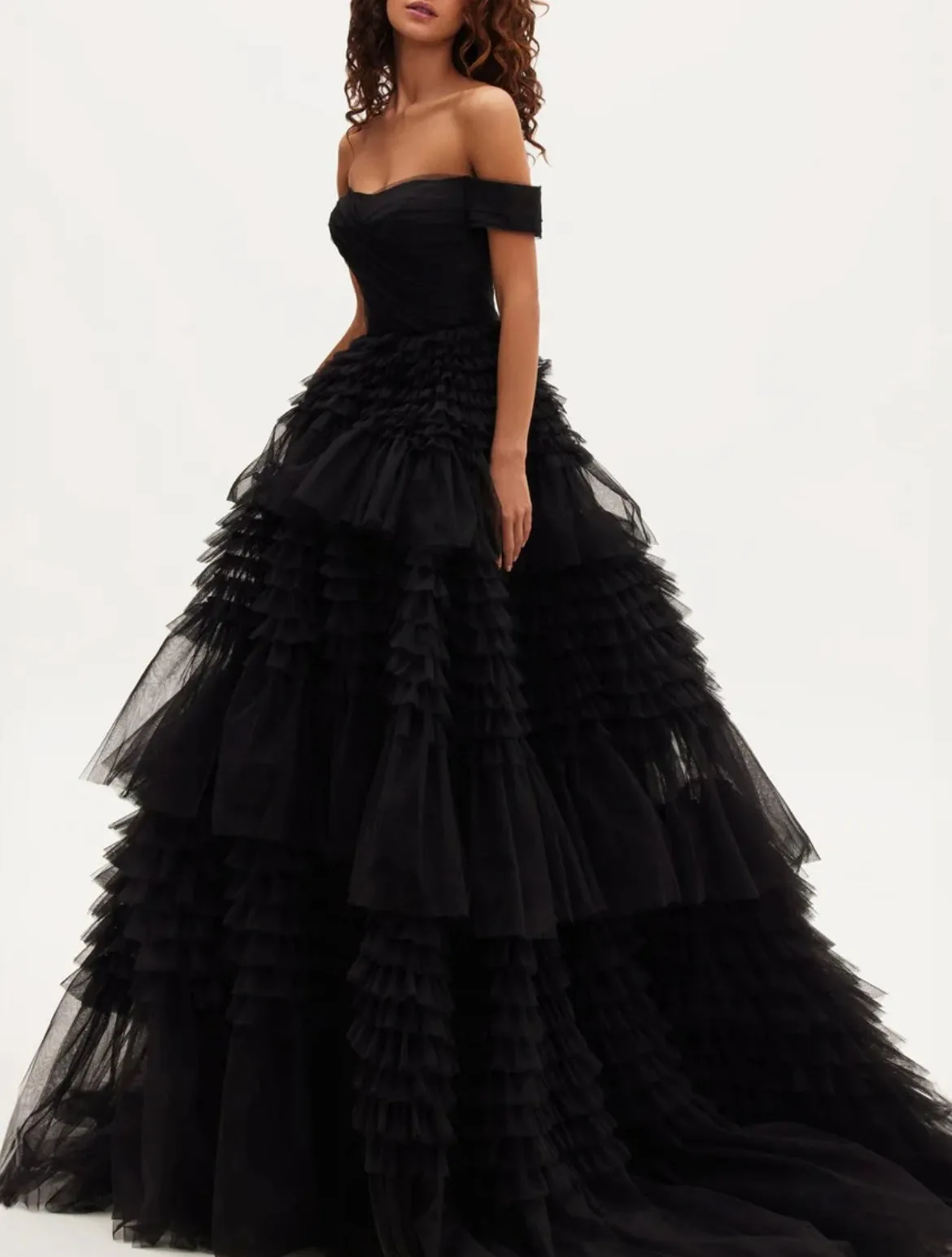 Milla Black Off-The-Shoulder Frill-Layered Gown