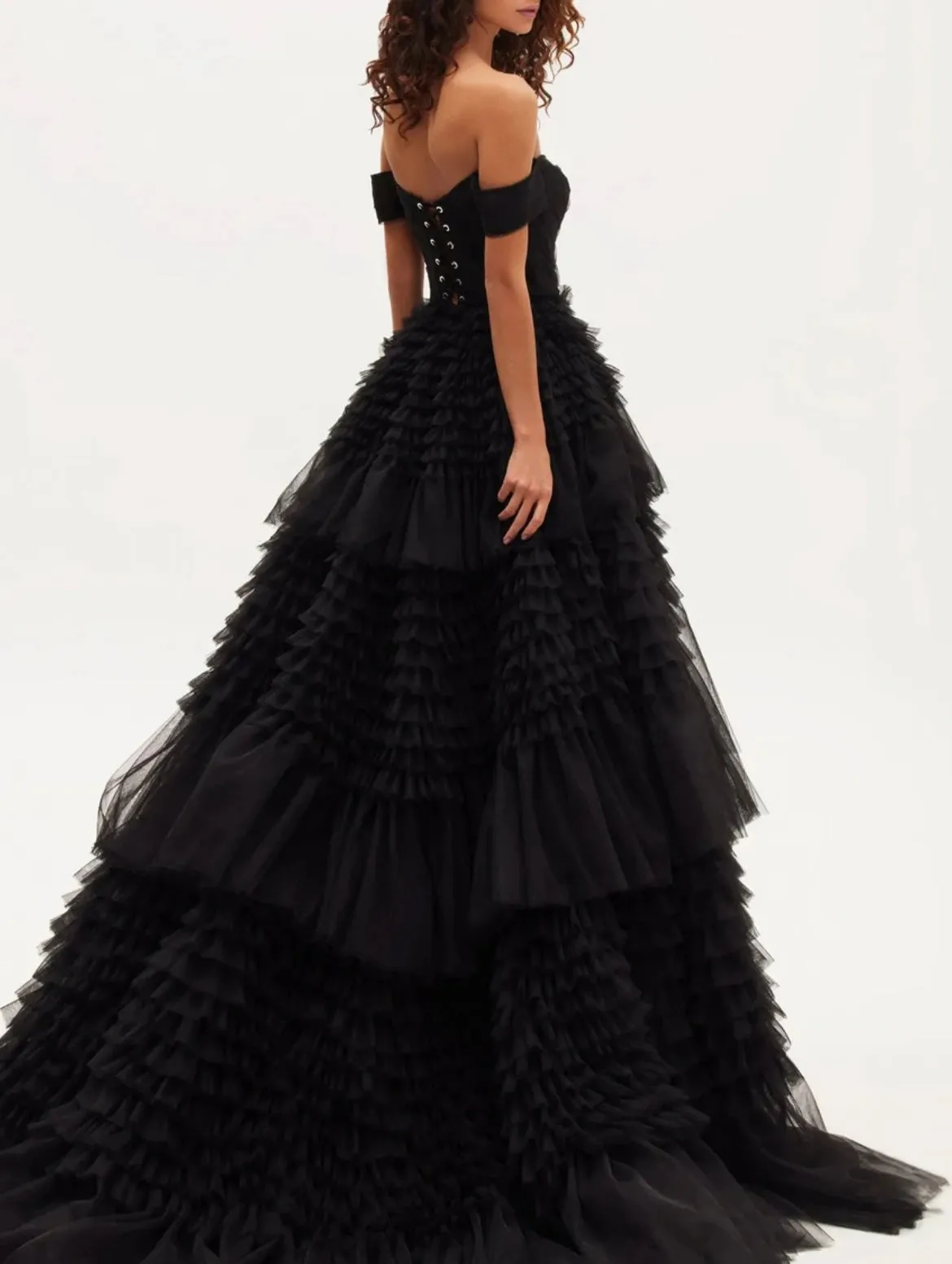 Milla Black Off-The-Shoulder Frill-Layered Gown