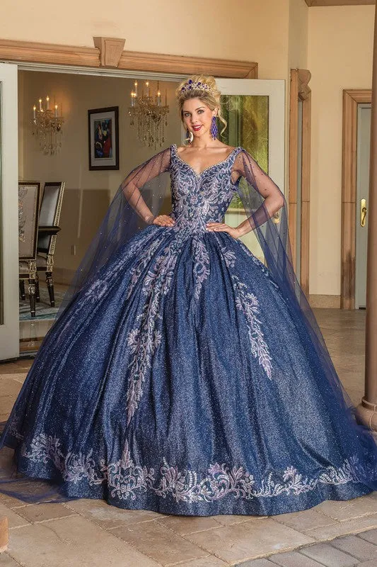 Navy Cape Sleeve Golden Embroidery Ball Gown