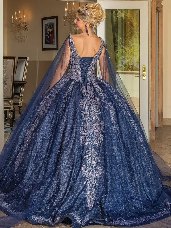 Navy Cape Sleeve Golden Embroidery Ball Gown