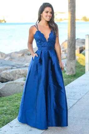 Navy Strappy Back Maxi Dress with Embroidered Top