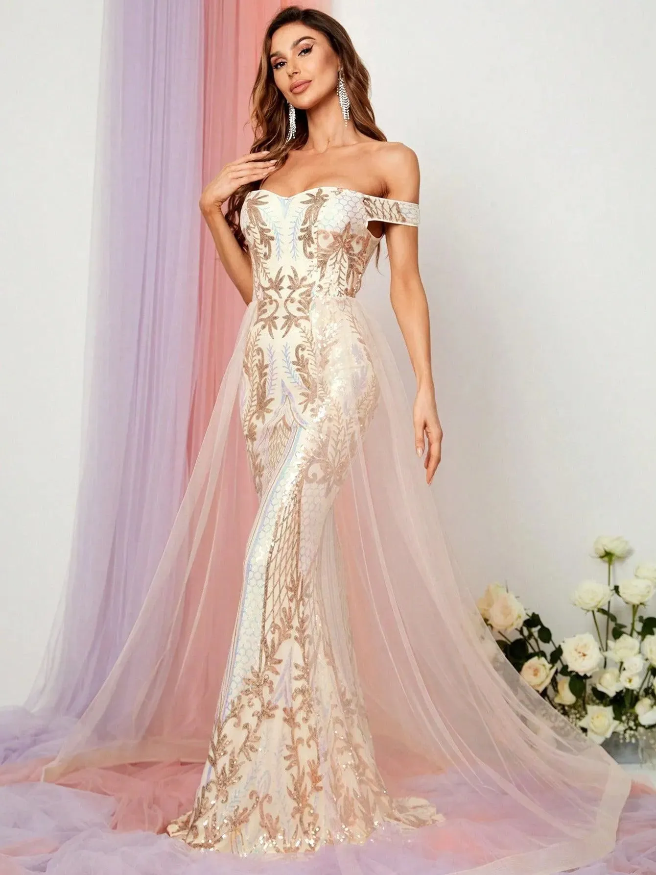 Off Shoulder Mesh Overlay Mermaid Hem Sequin Dress