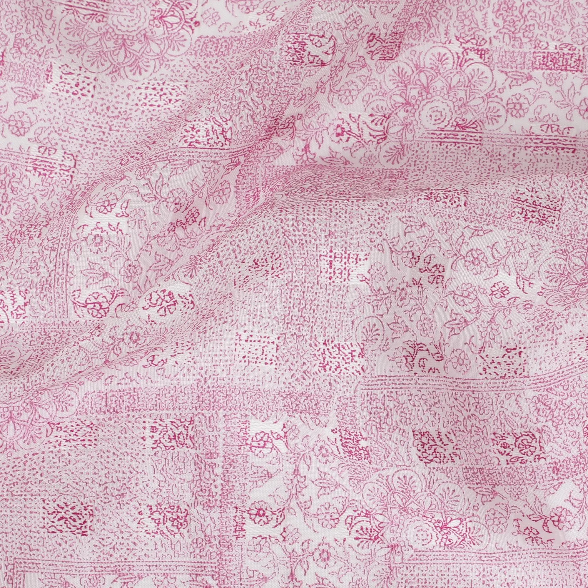 Off white uragiri cotton voile fabric with same tone jacquard having baby pink print in floral design-D17038