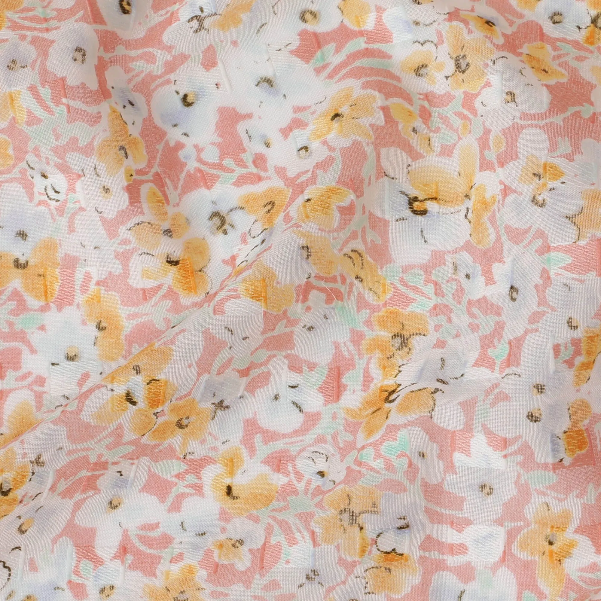 Off white uragiri cotton voile fabric with same tone jacquard having latte multicolor print in abstract design-D17036