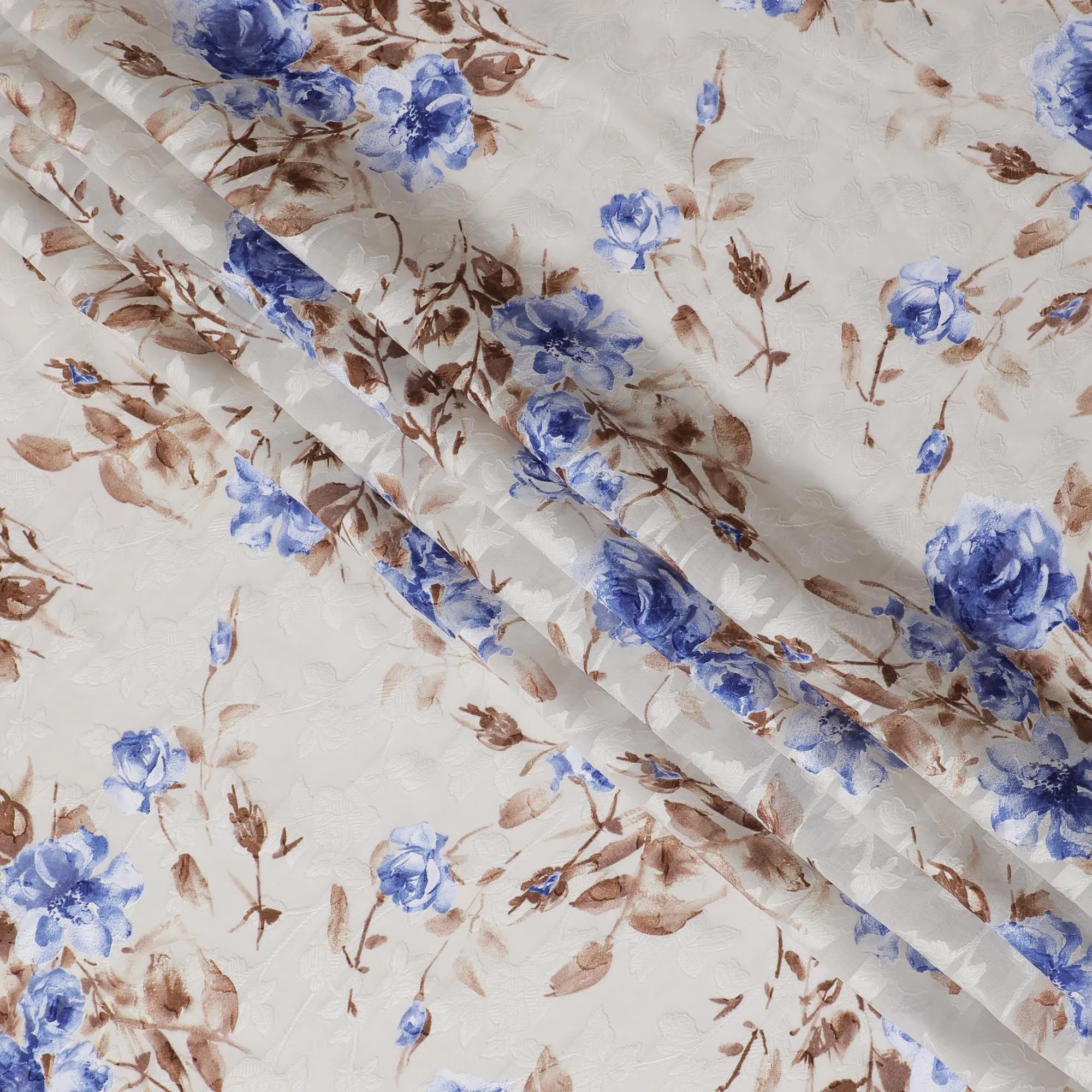 Off white uragiri cotton voile fabric with same tone jacquard having multicolor print in floral design-D17039