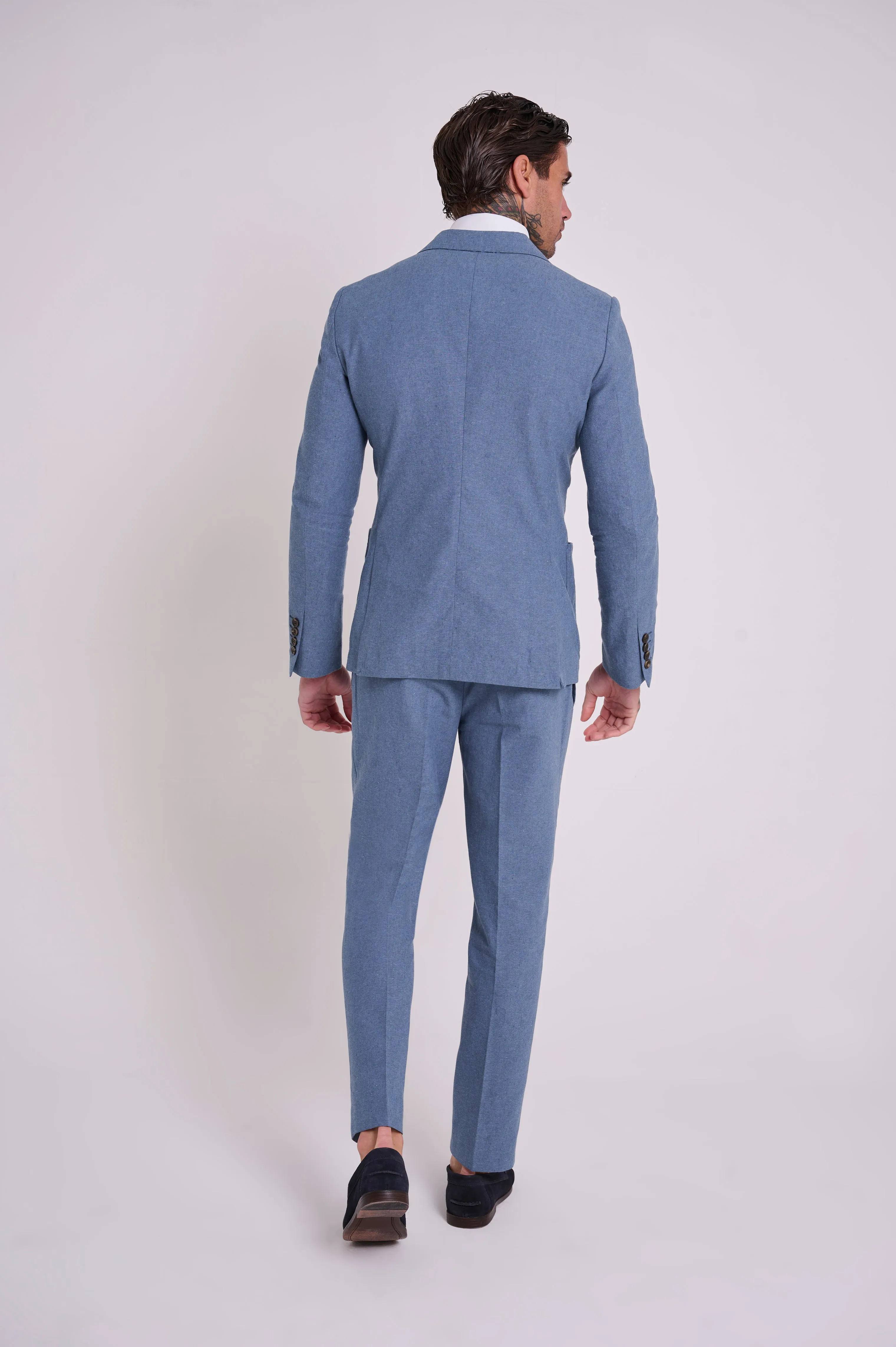 Oliver Slim Fit Linen Cotton Blend Suit Smart Trousers in Mid Blue