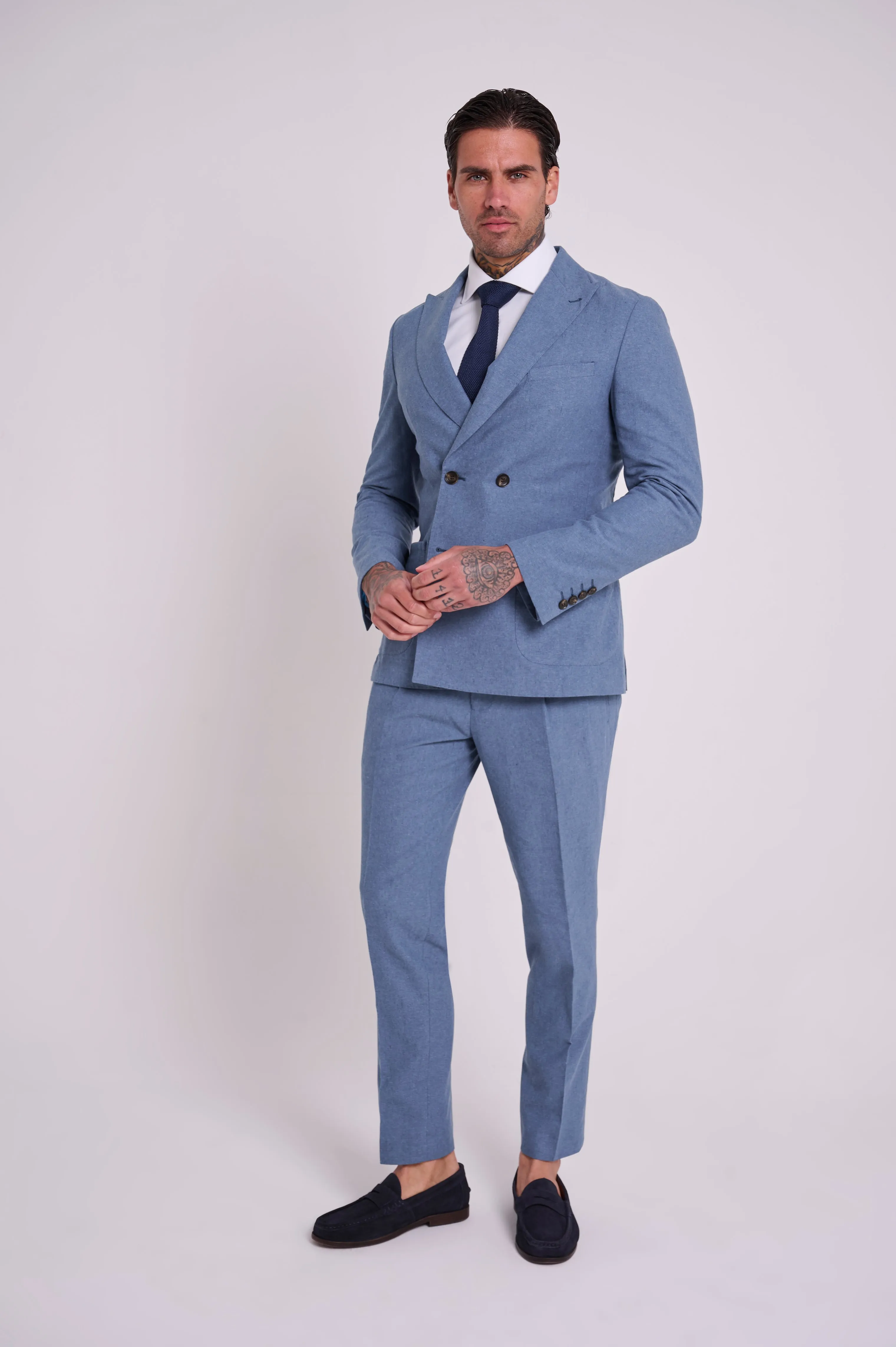 Oliver Slim Fit Linen Cotton Blend Suit Smart Trousers in Mid Blue