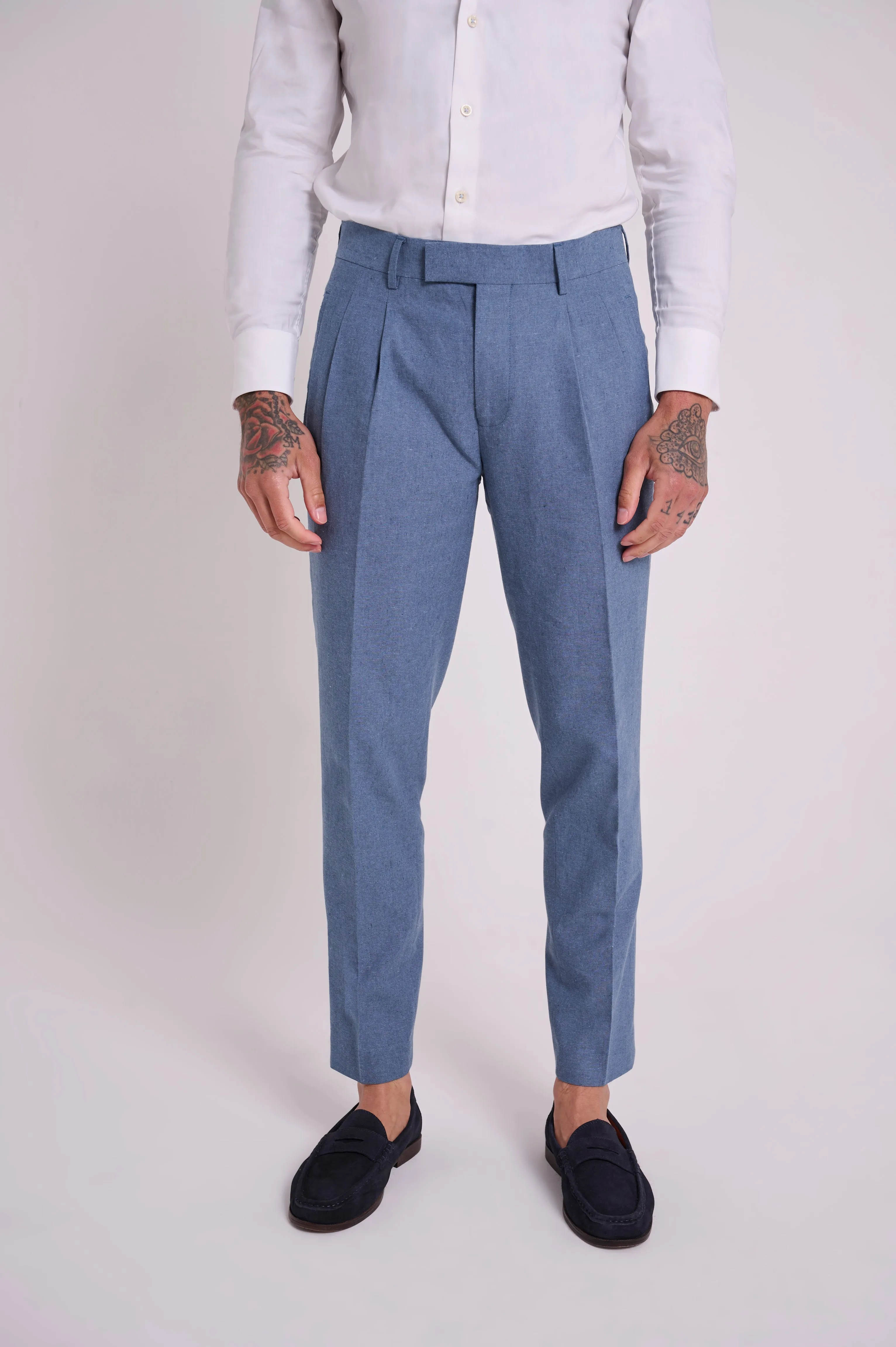 Oliver Slim Fit Linen Cotton Blend Suit Smart Trousers in Mid Blue