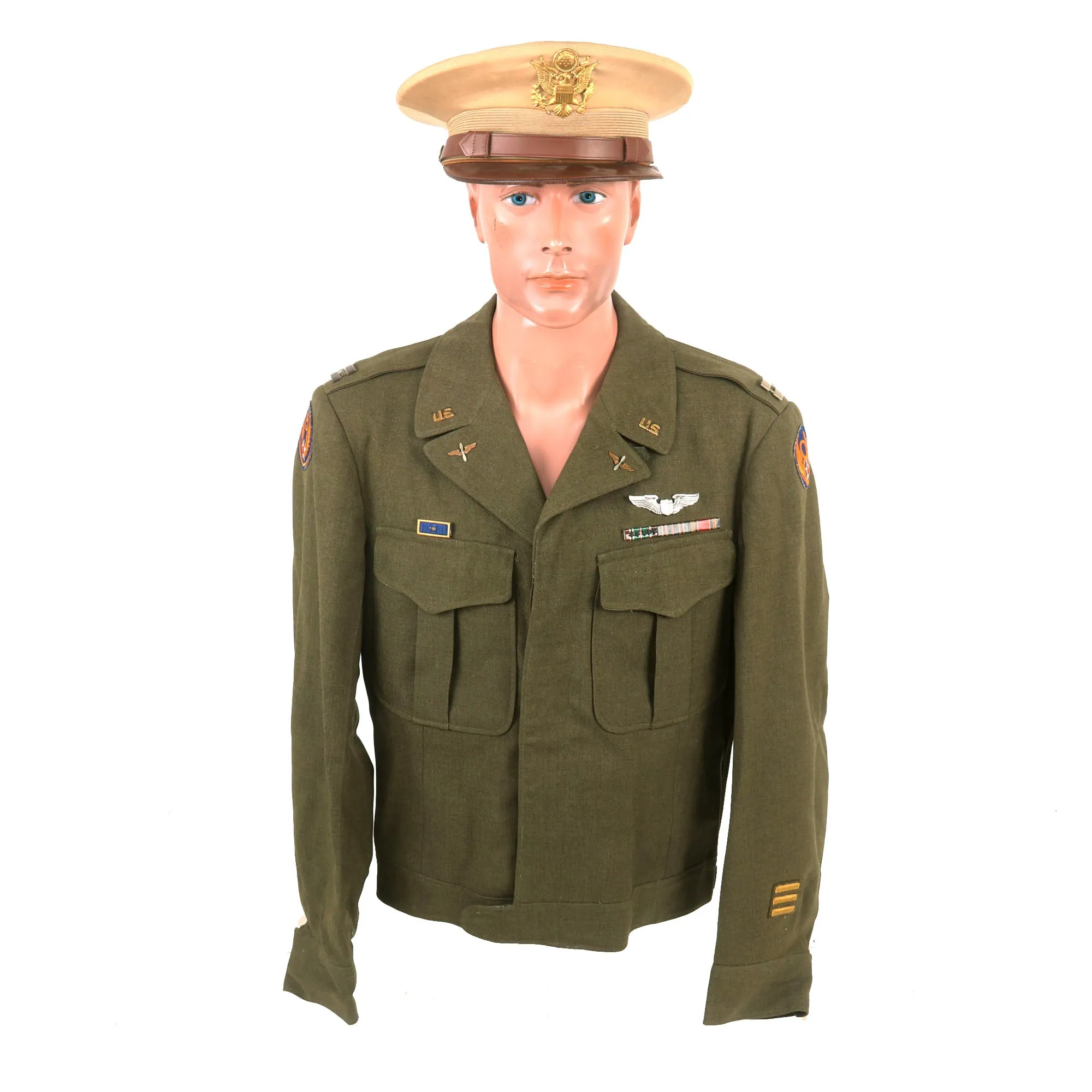 Original U.S. WWII 8th Air Force Pilot Uniform & Visor with Reissued Aviator Kit Bag Named to B-17 Waist Gunner & Armored Engineer