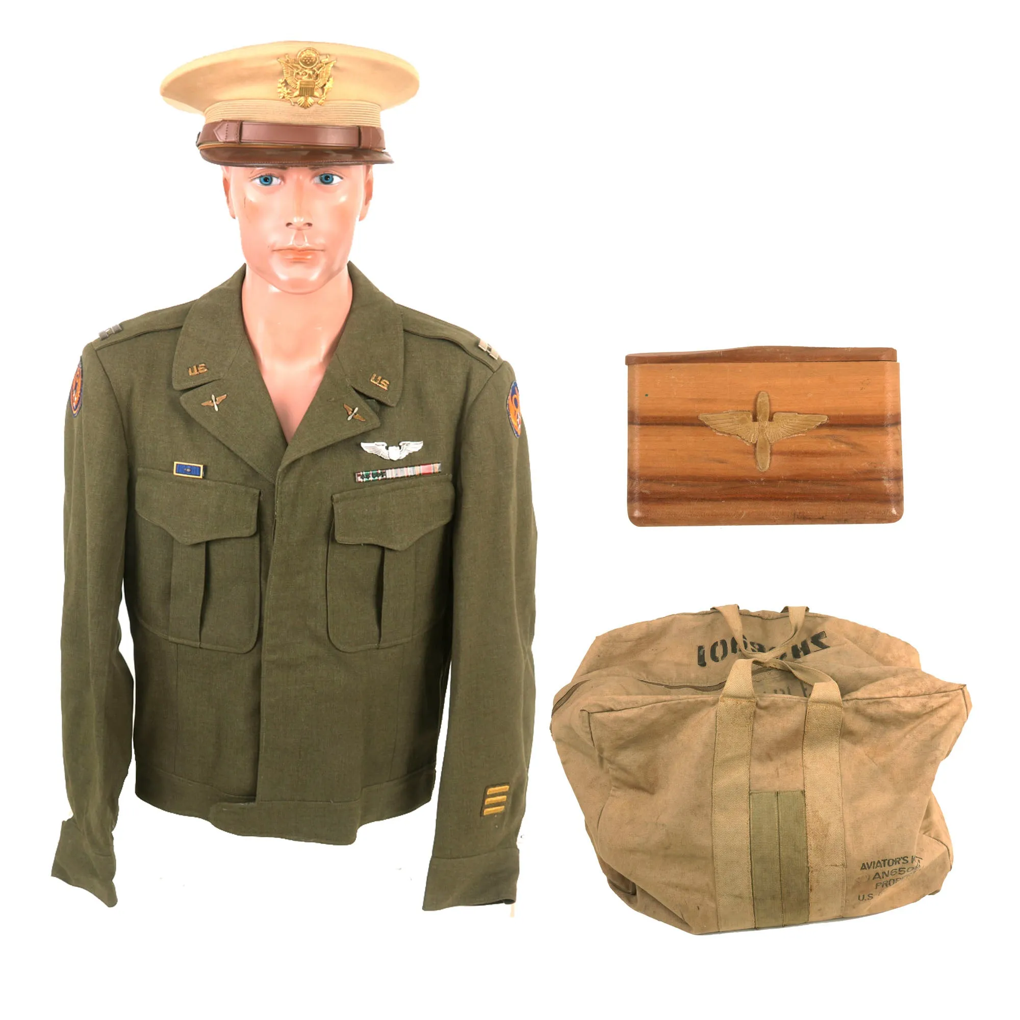 Original U.S. WWII 8th Air Force Pilot Uniform & Visor with Reissued Aviator Kit Bag Named to B-17 Waist Gunner & Armored Engineer