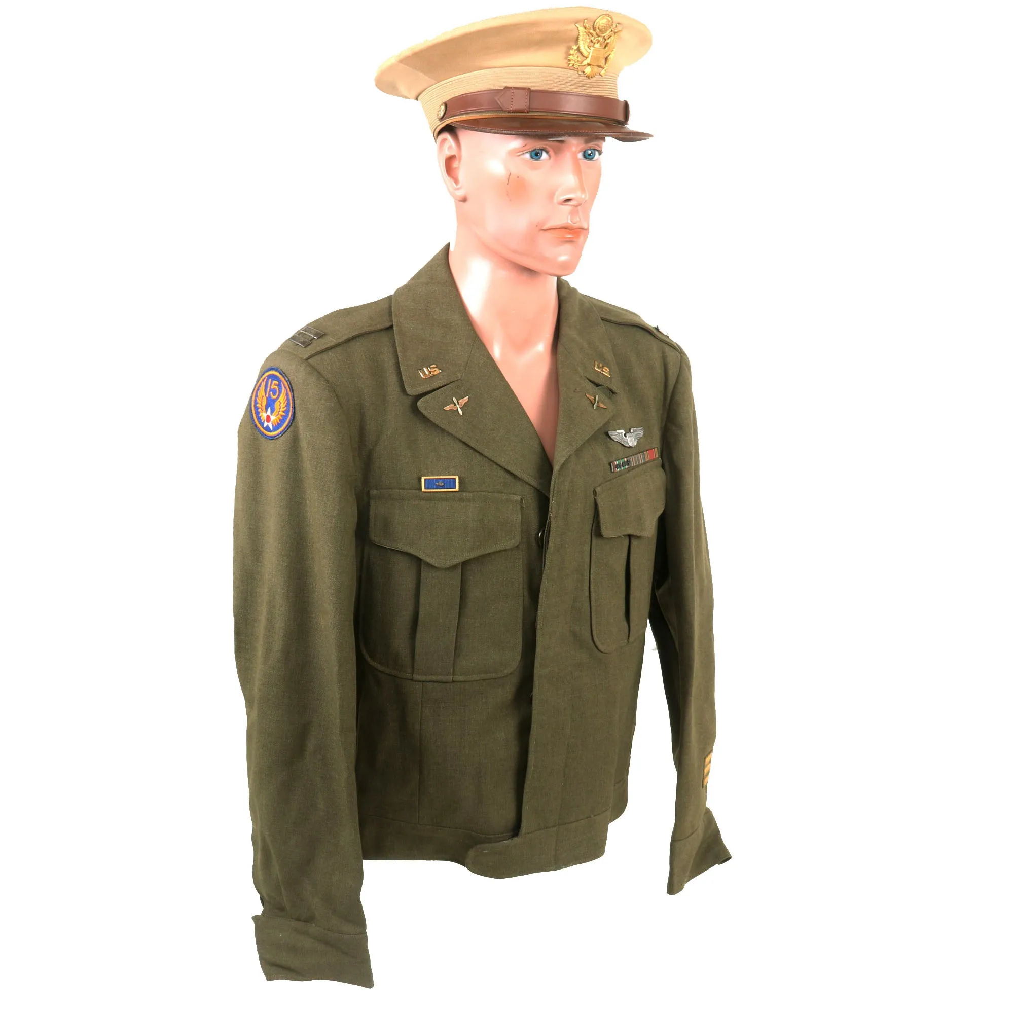 Original U.S. WWII 8th Air Force Pilot Uniform & Visor with Reissued Aviator Kit Bag Named to B-17 Waist Gunner & Armored Engineer