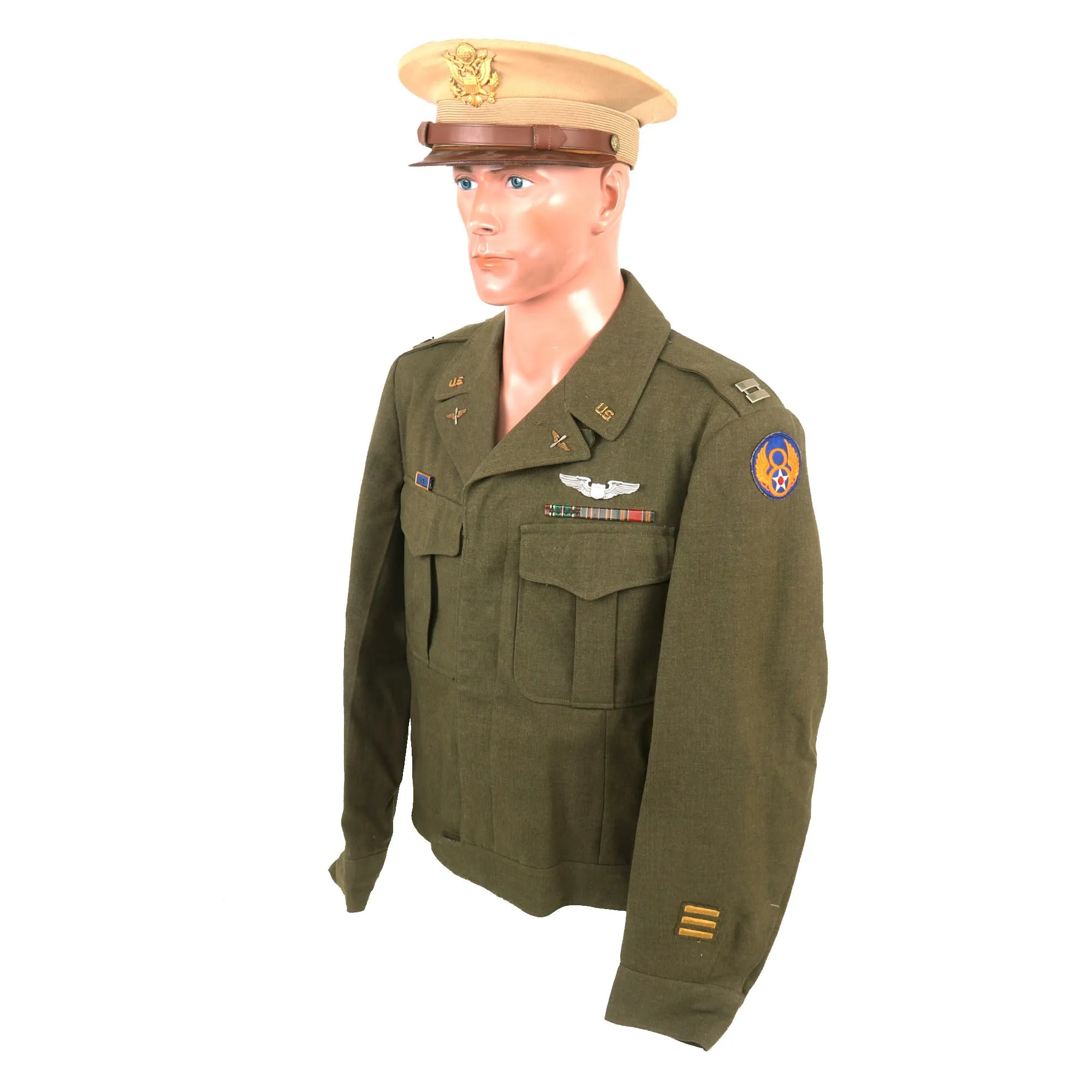 Original U.S. WWII 8th Air Force Pilot Uniform & Visor with Reissued Aviator Kit Bag Named to B-17 Waist Gunner & Armored Engineer